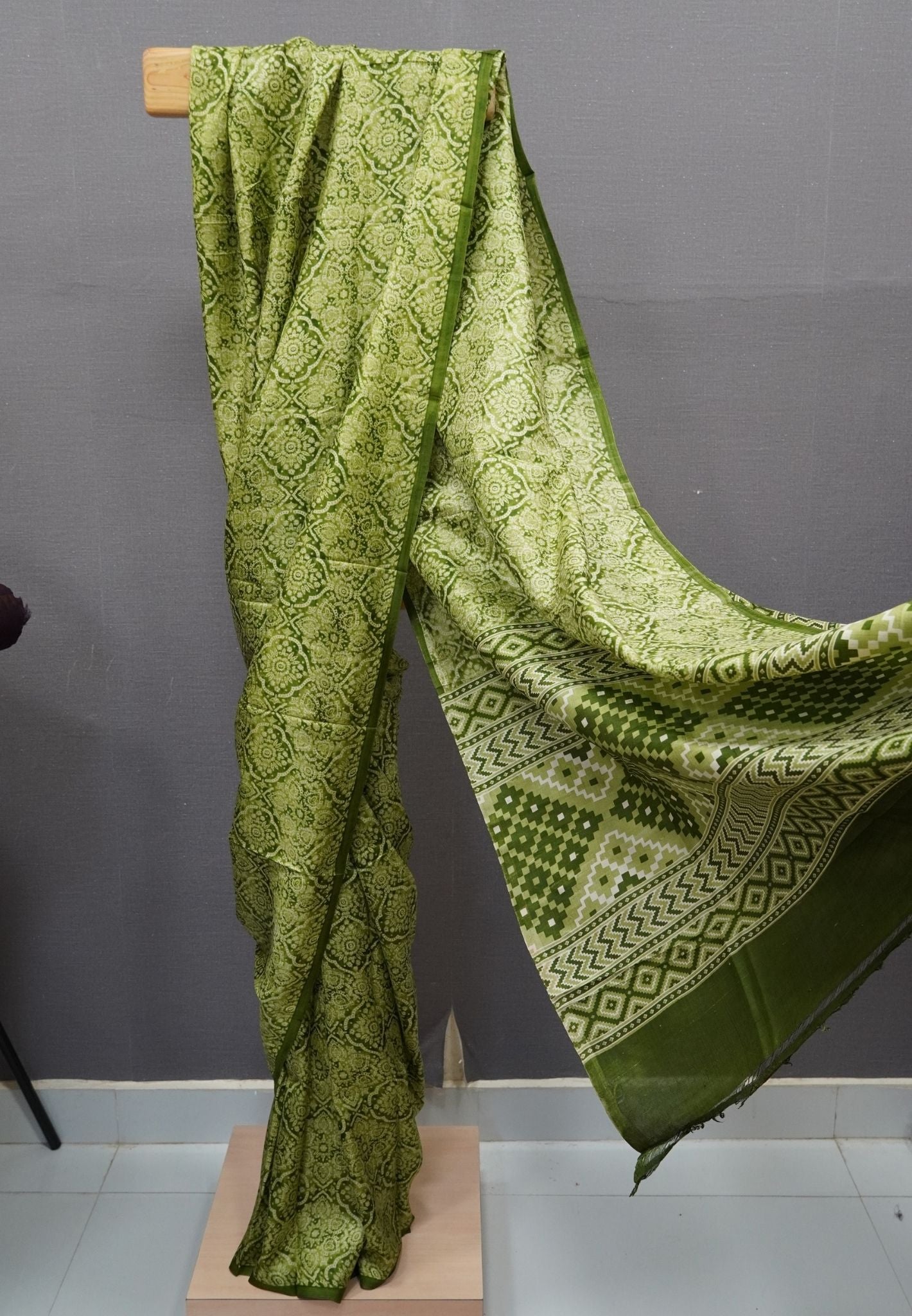 Pure Tussar Saree-Light Green with Ajrakh Pattern