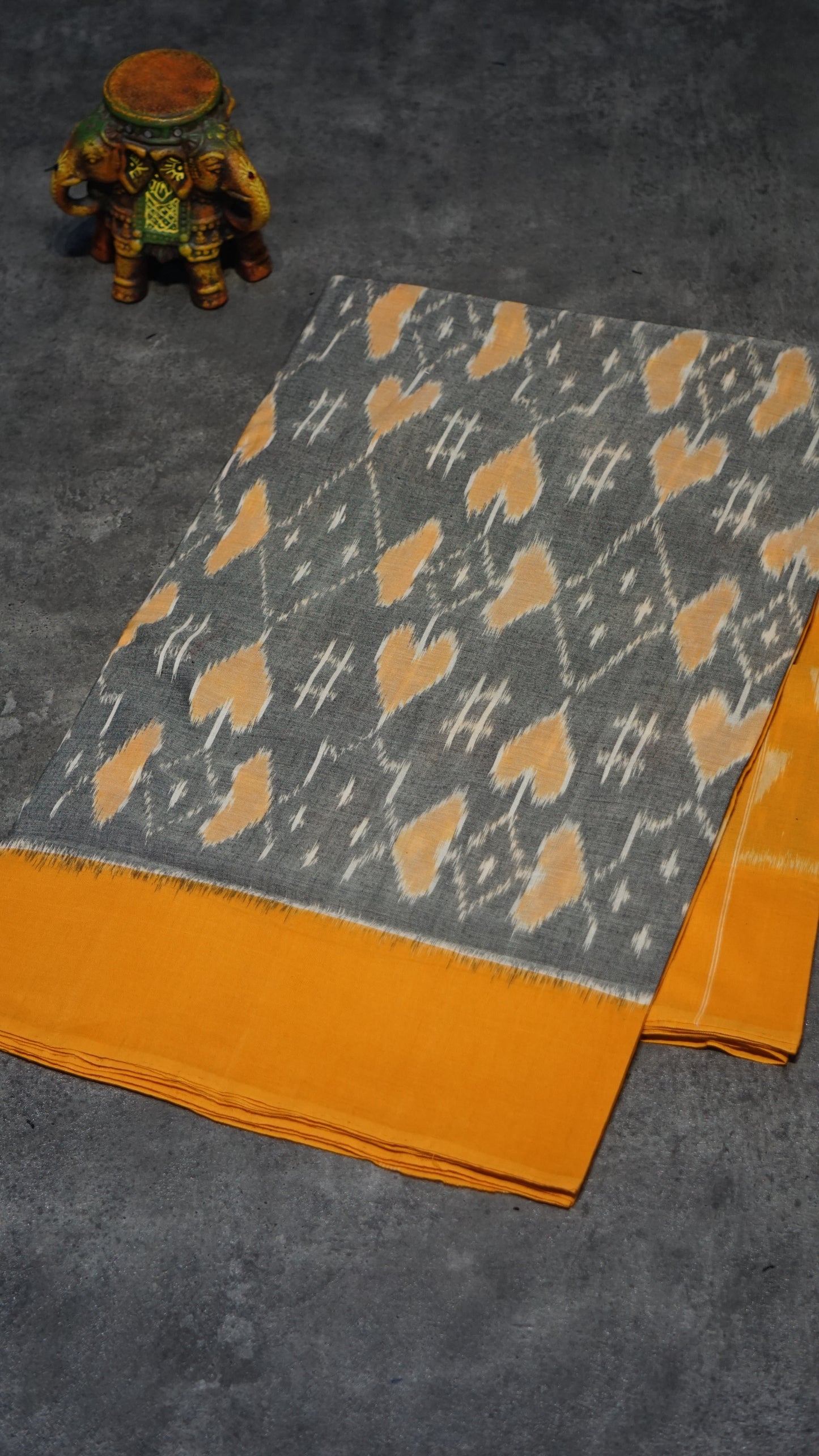 Pochampally Cotton double Ikkat Saree Grey - Mustard