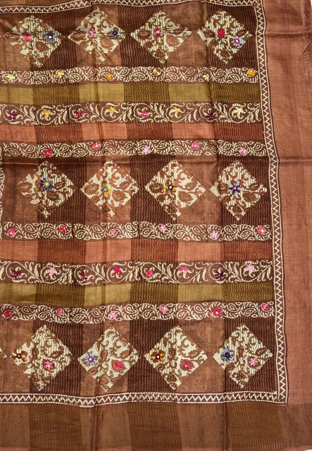 Pure Tussar Saree-Rust Orange with Mirror Work