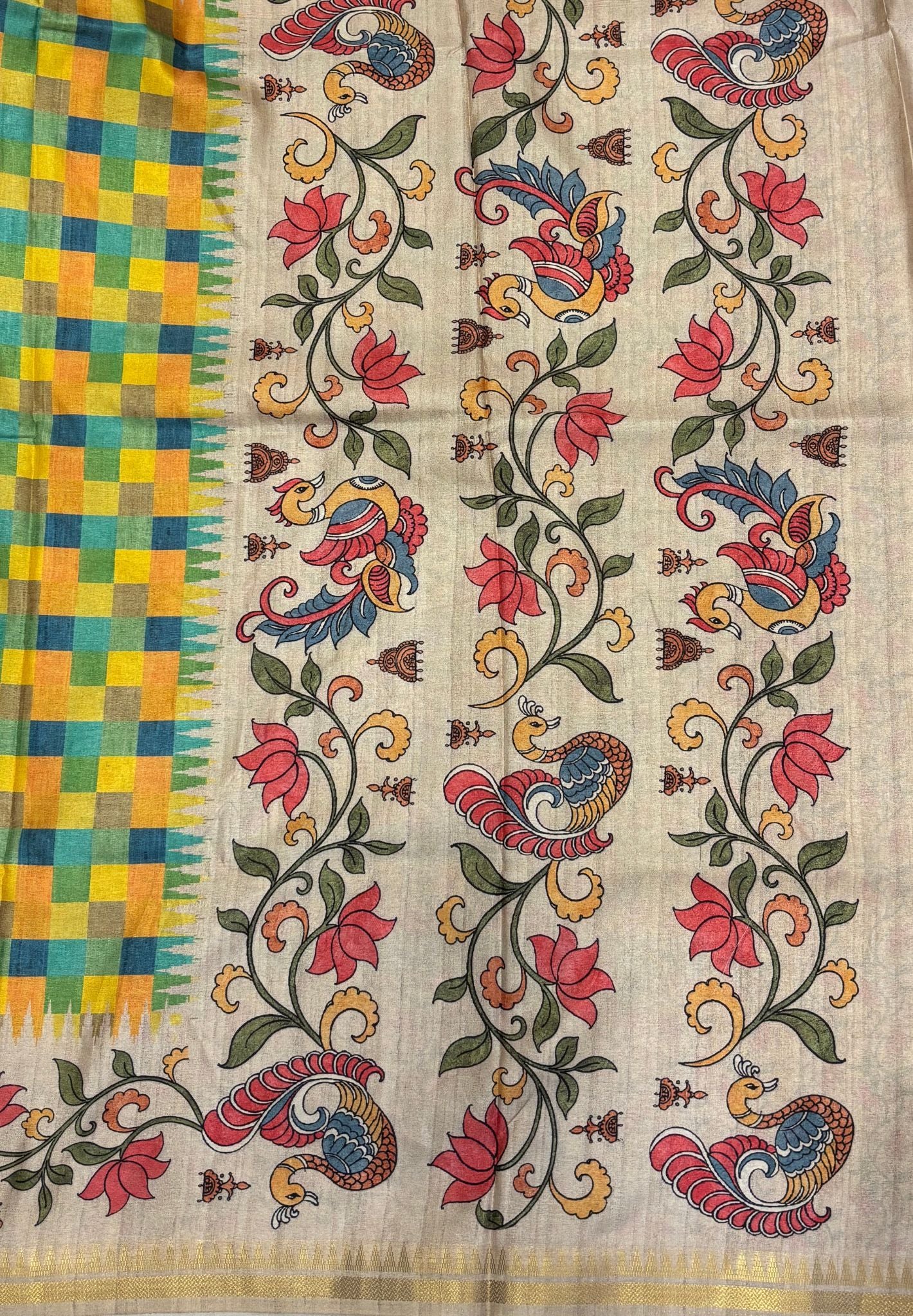 Semi Tussar Saree-Yellow in Madras Checks with Peacock Floral Border