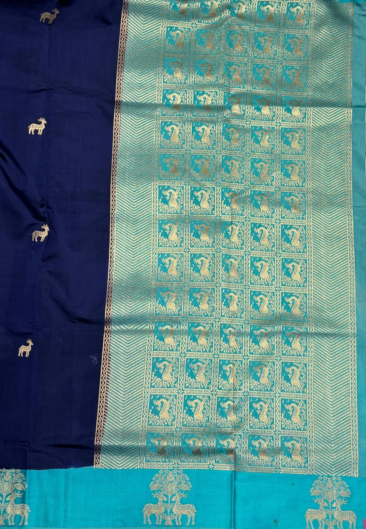 Mulberry Silk Saree-Tone of Blue with Deer Border