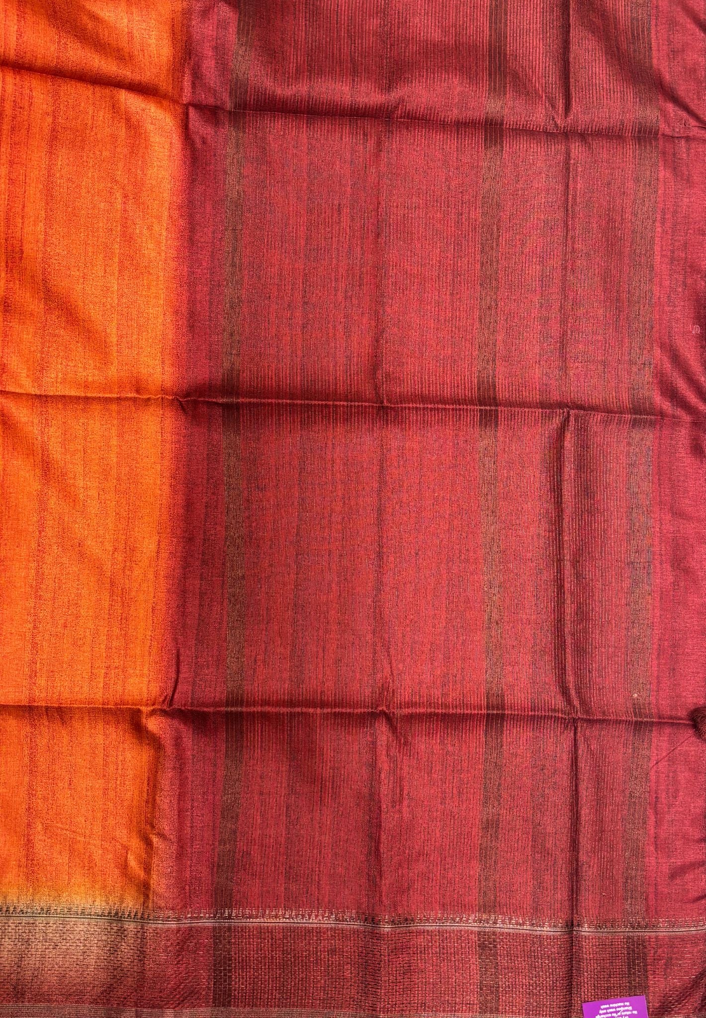 Matka Tussar Saree-Orange in Classic Striped Zari with Contrast Border
