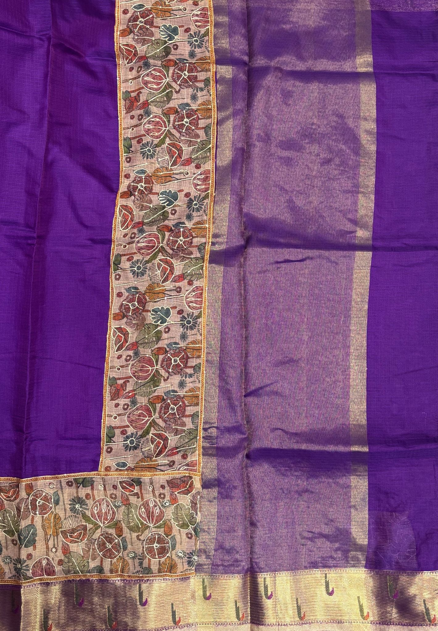 Silk Kota Saree-Violet In Kalamkari Embroidery Border