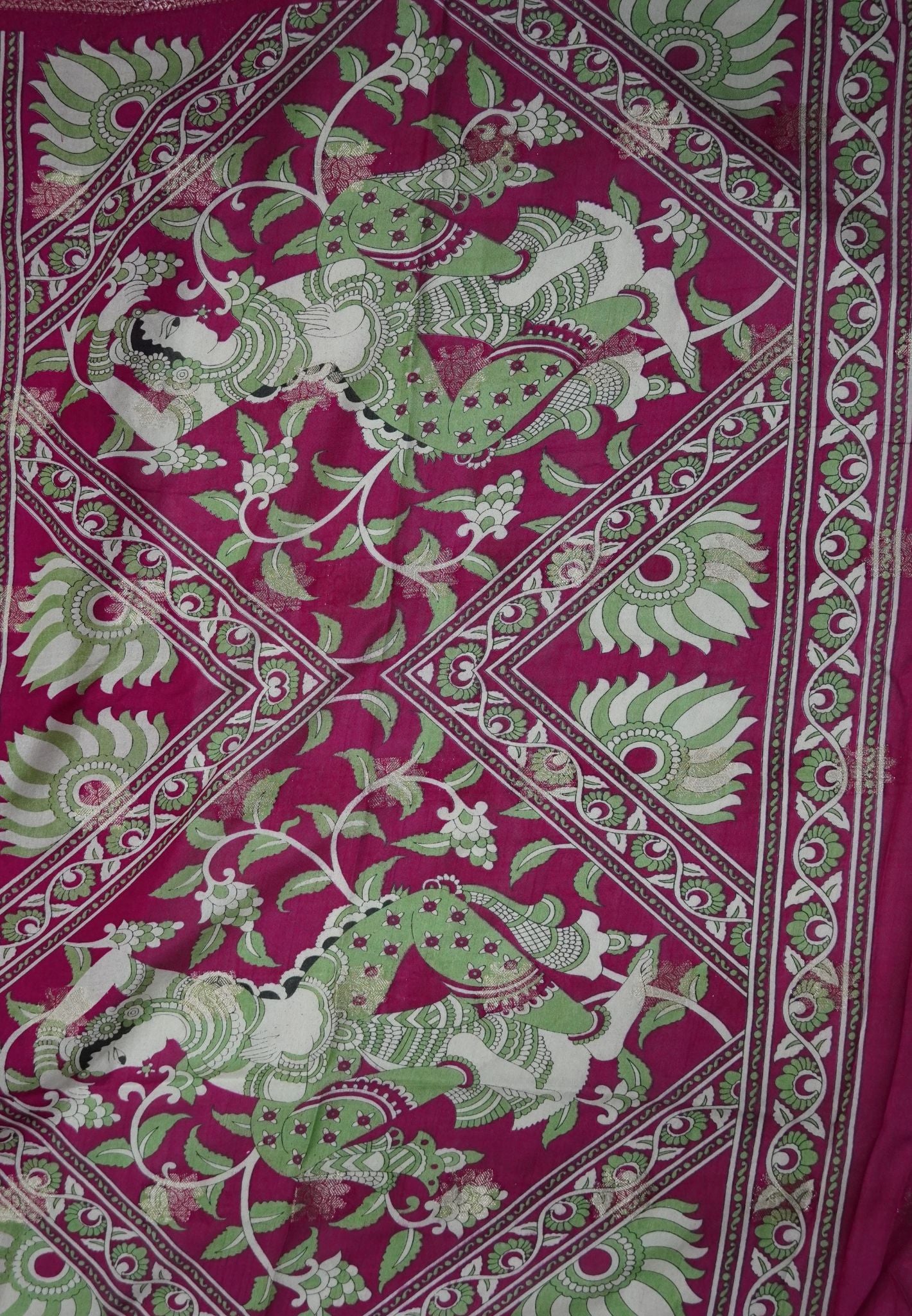 Dola Saree with Checks and Contrast Border- Green - Magenta