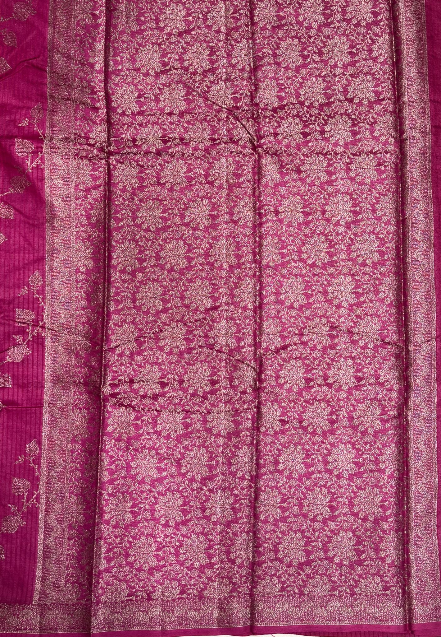 Pure Tussar Saree-Magenta in Floral Vine Brocade Border
