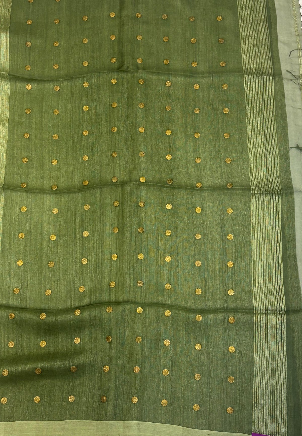 Pure Moonga Cotton Saree-Olive Green in Coin Butta with Striped Border