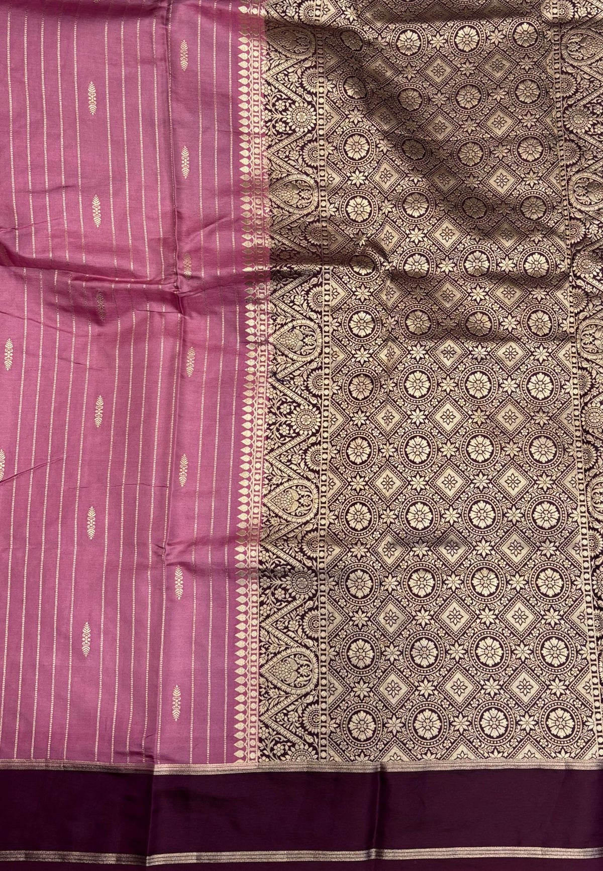 Gaji Silk Saree-Onion Pink in Intricate Geometric Floral Zari with Contrast Border