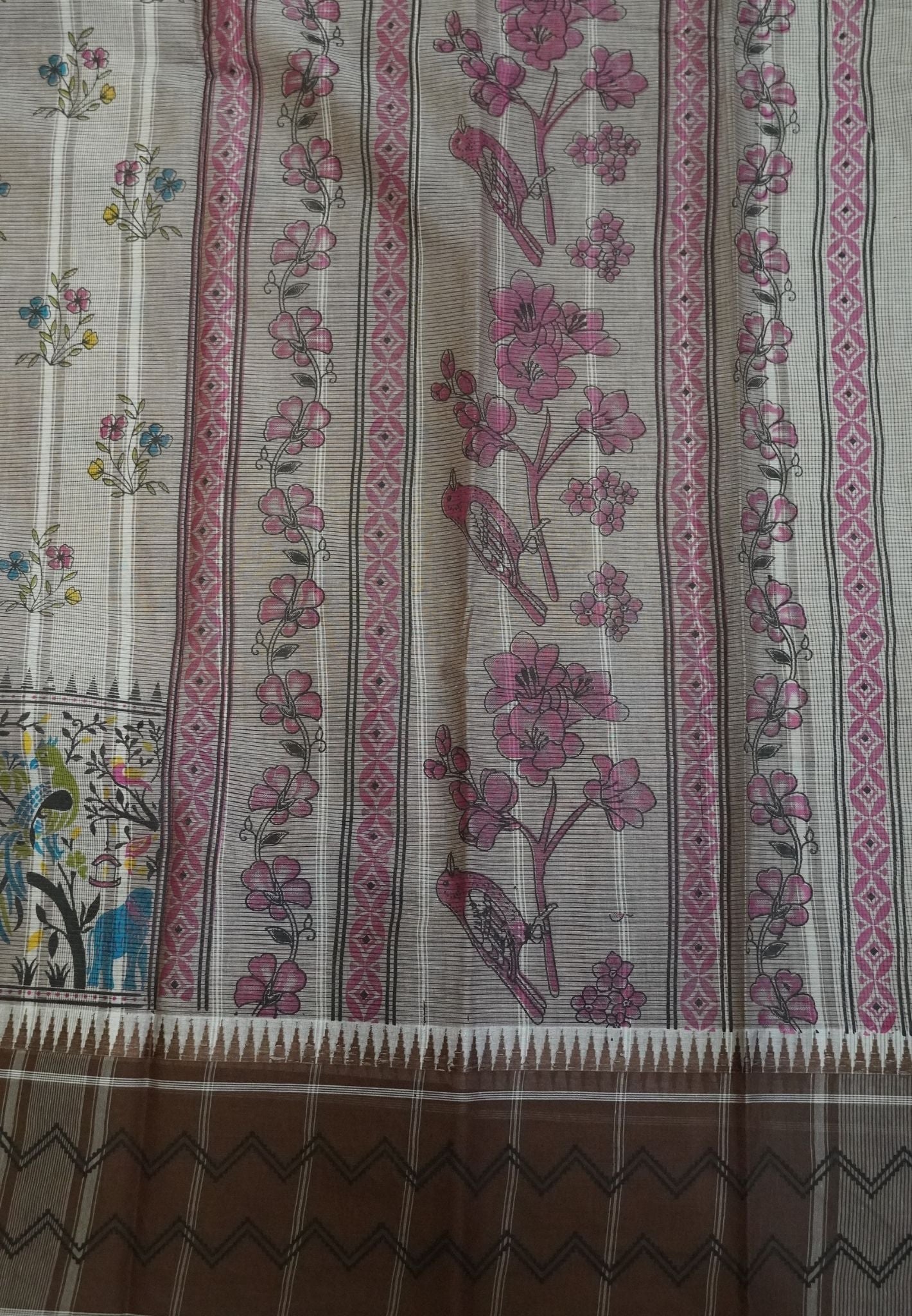 Pure Cotton Saree-Cream with Brown in Peacock Grove Pattern