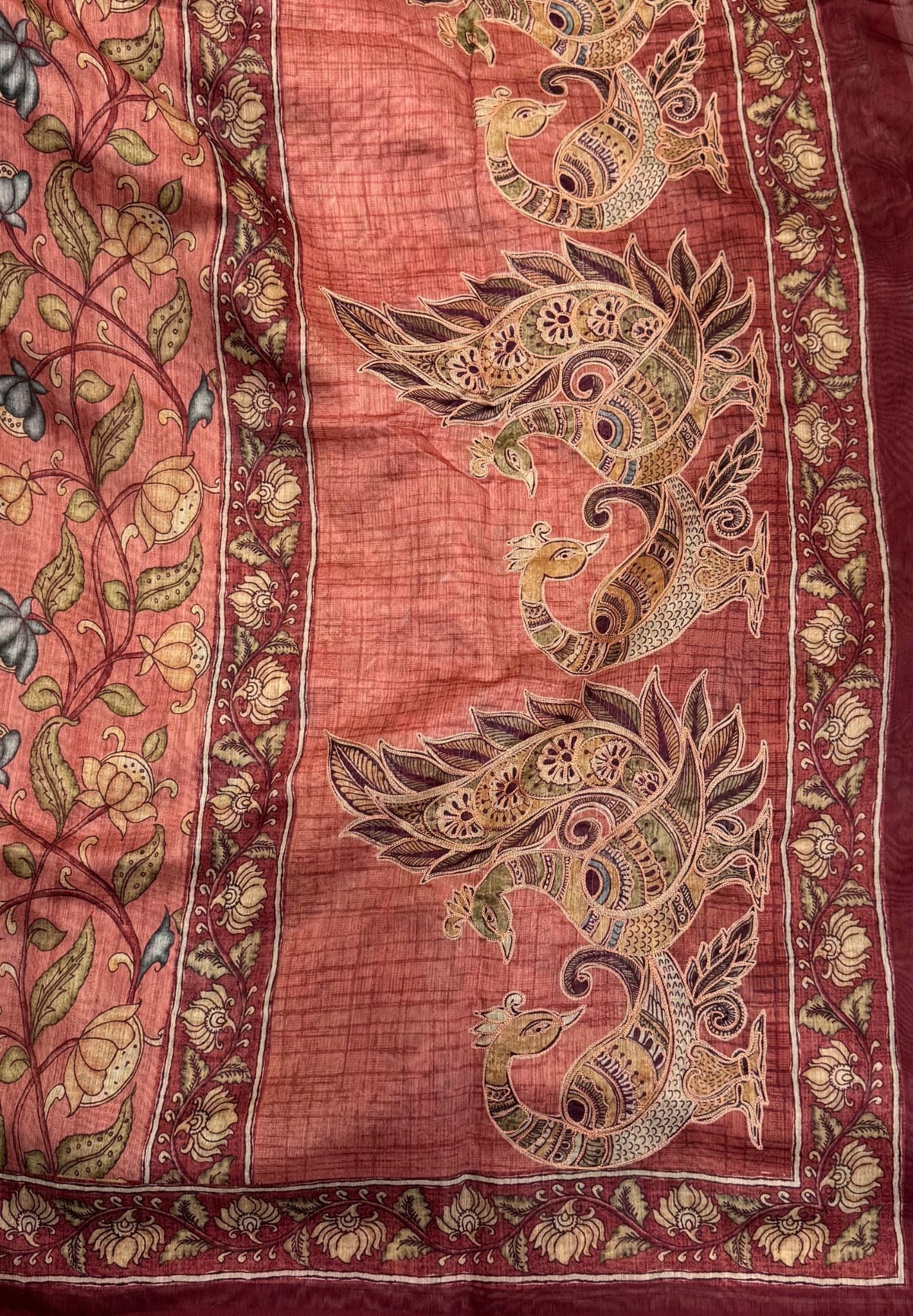 Chanderi Saree-Maroon In Floral Peacock Border