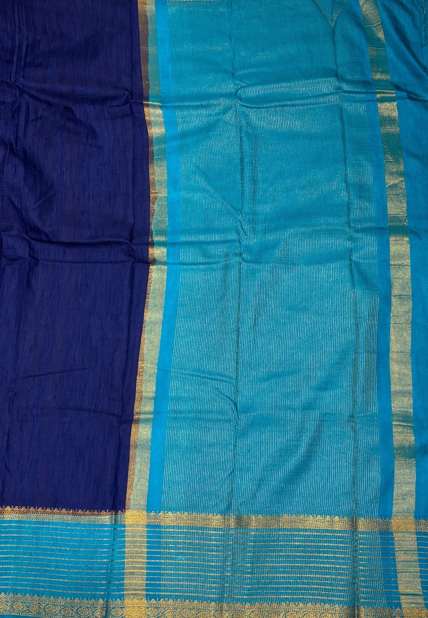 Raw Silk Saree-Navy Blue With Contrast Border