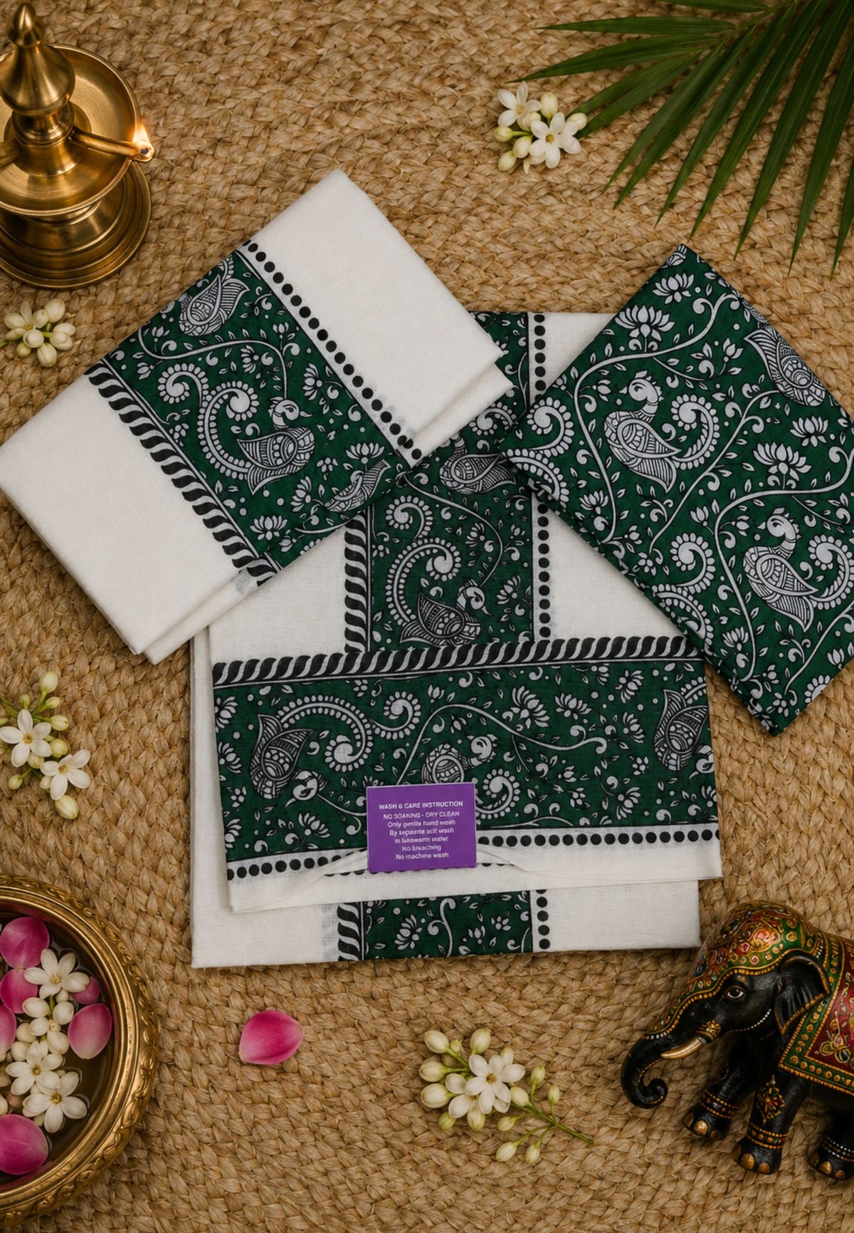 Cotton Set Mund-Off White - Green with Kalamkari Border