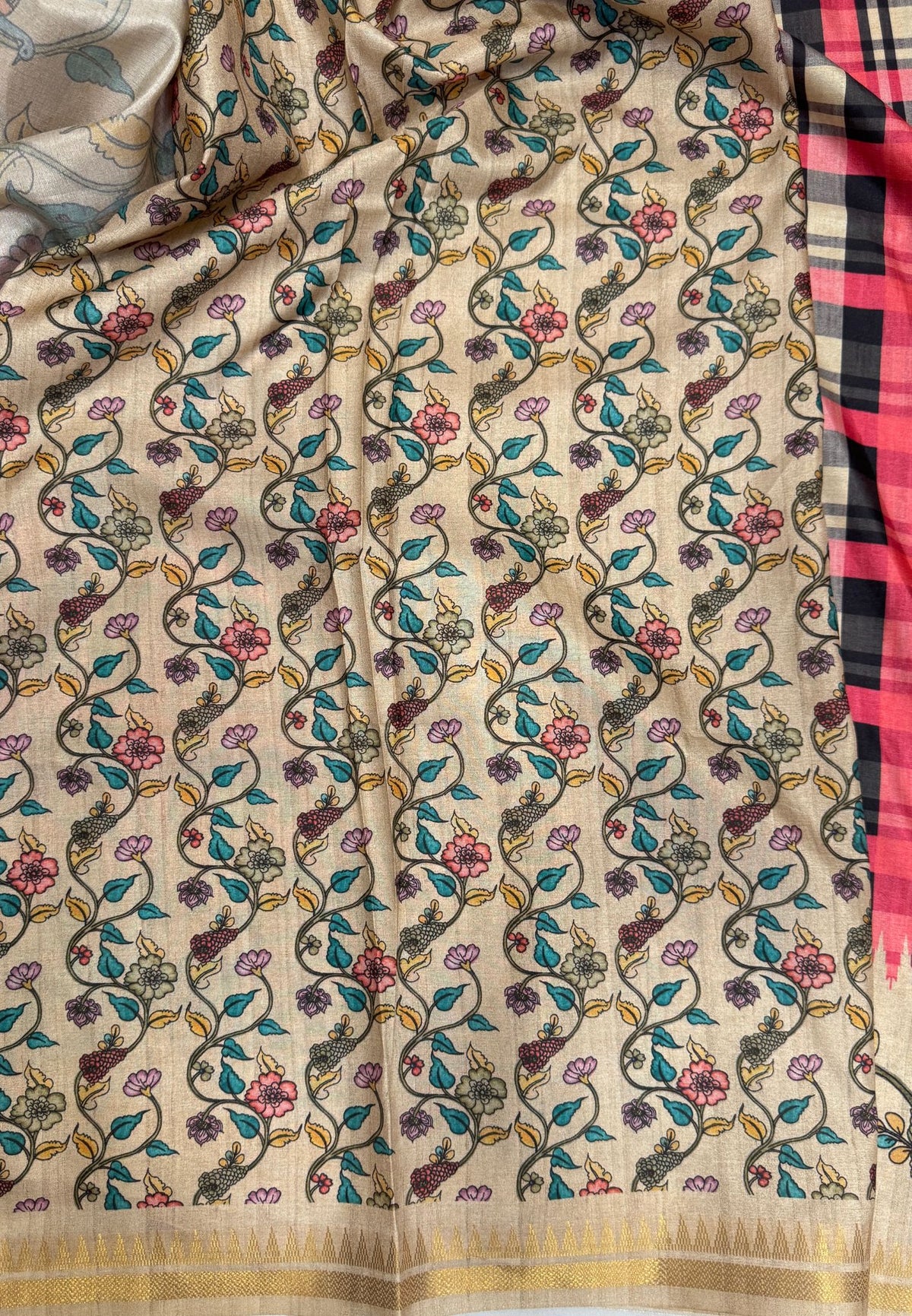Semi Tussar Saree - Black Madras Checks With Floral Designs