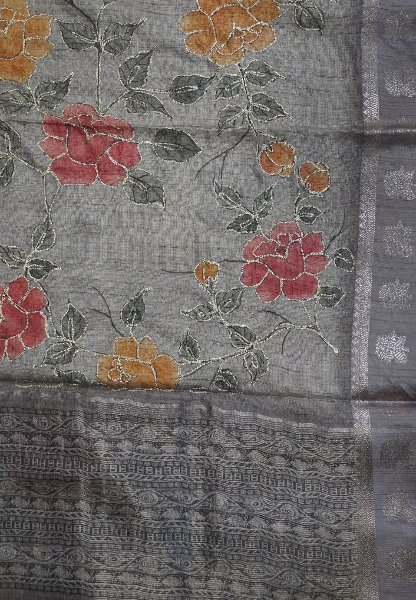 Tissue Linen Saree-Lavender with Floral Kutch Work