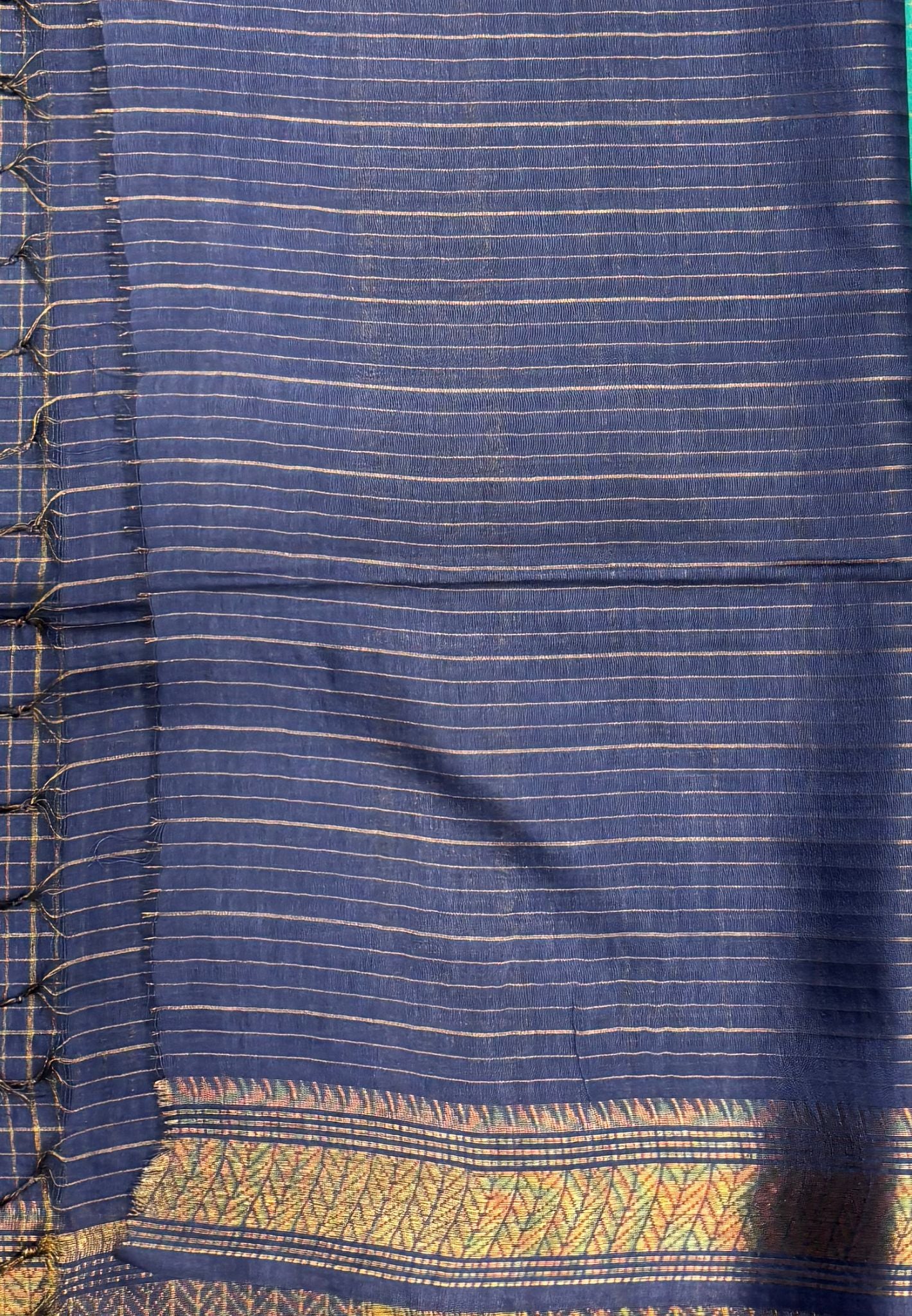 Semi Bhagalpur Tussar Saree-Teal Green in Zari checks with Contrast Border