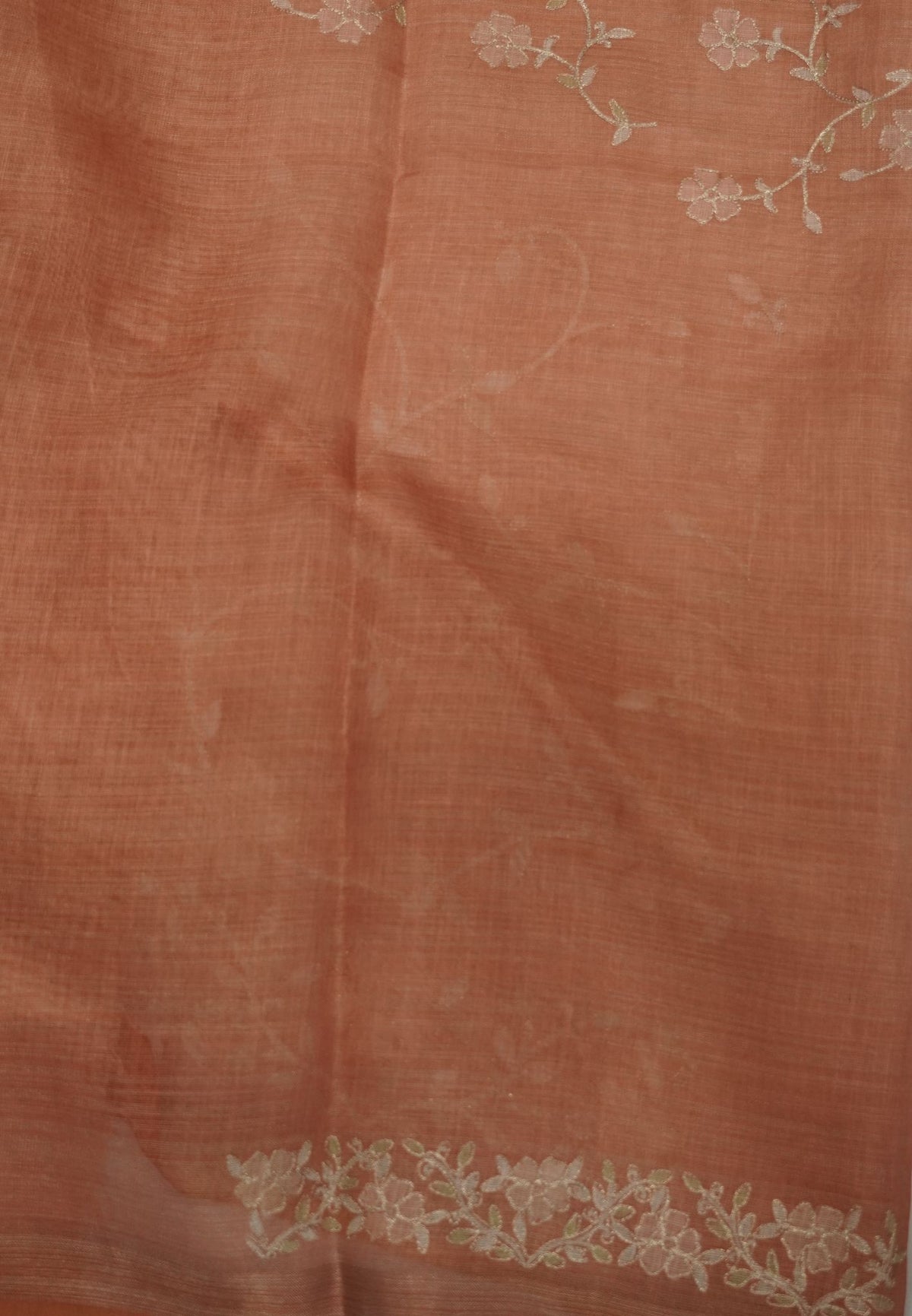 Tissue Linen Saree - Pastel Orange With Floral Embroidery