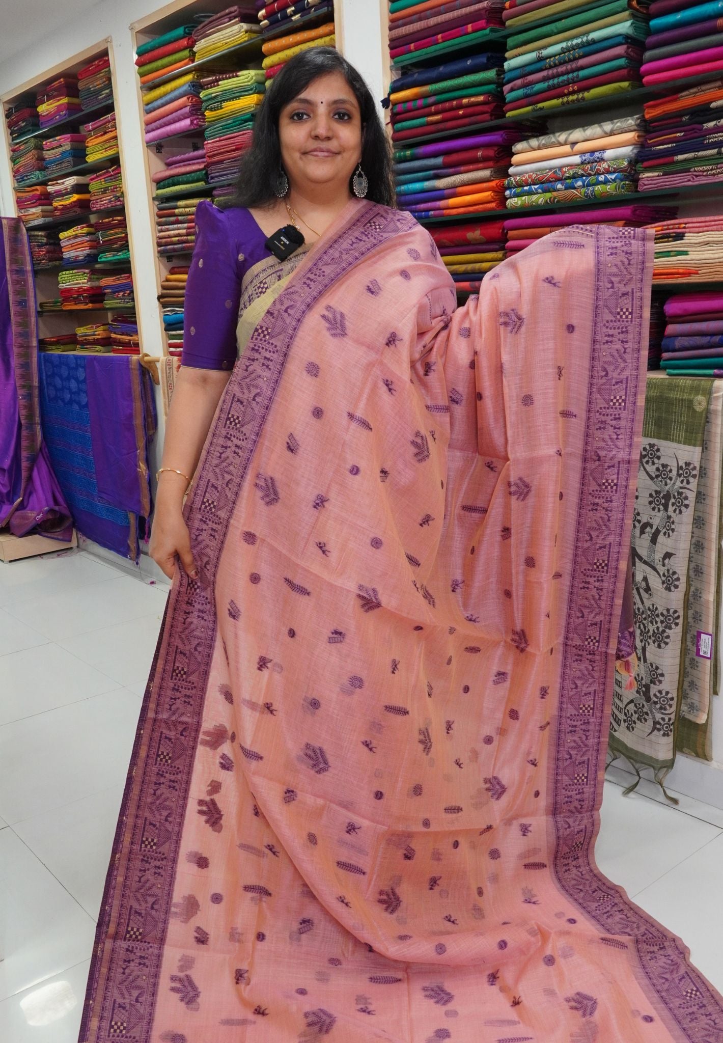 Moonga Cotton Saree Warli Pattern- Pink