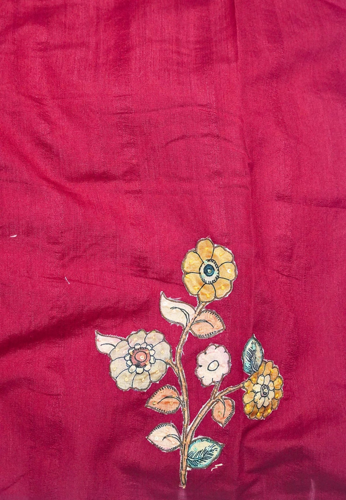Semi Raw Silk Saree - Red With Floral Hand-Painted Designs