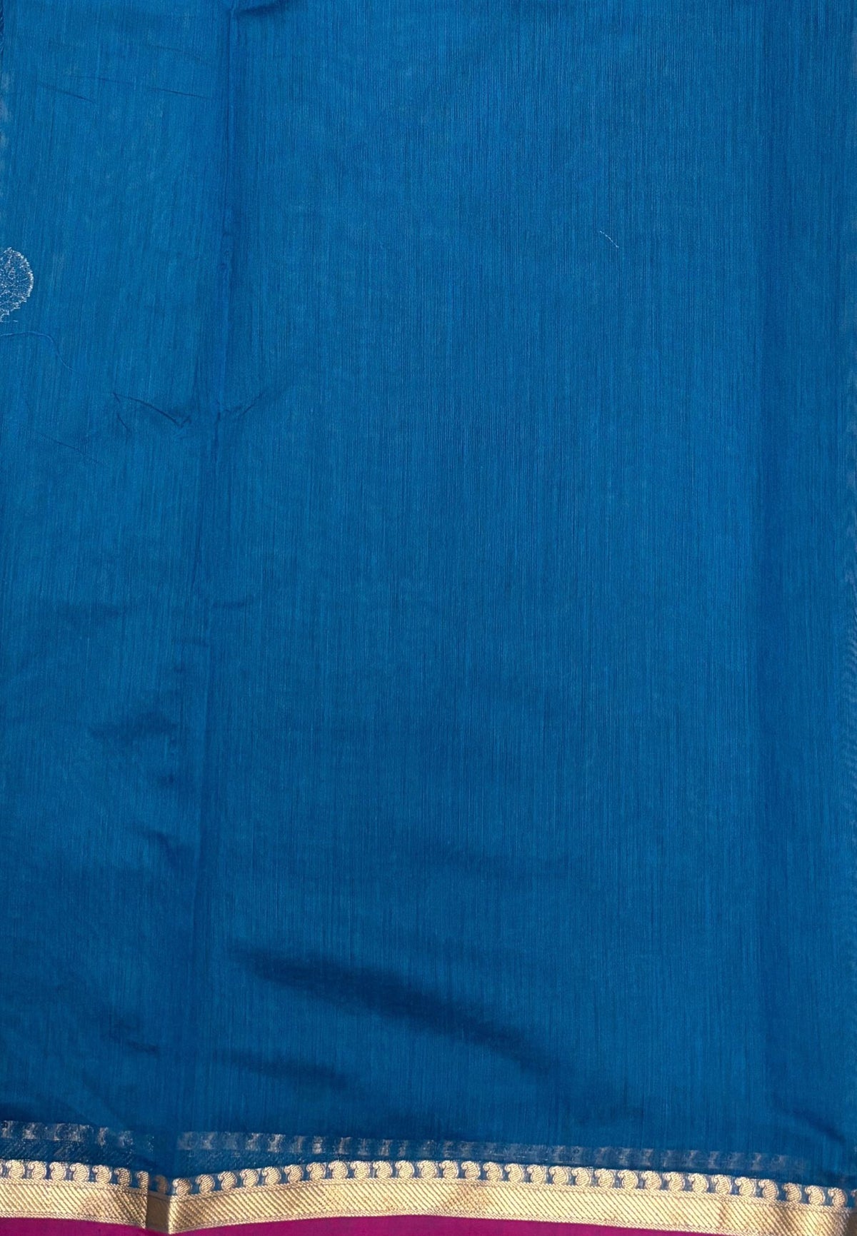 Semi Maheswari Saree-Peacock Blue In Golden Stripe Border
