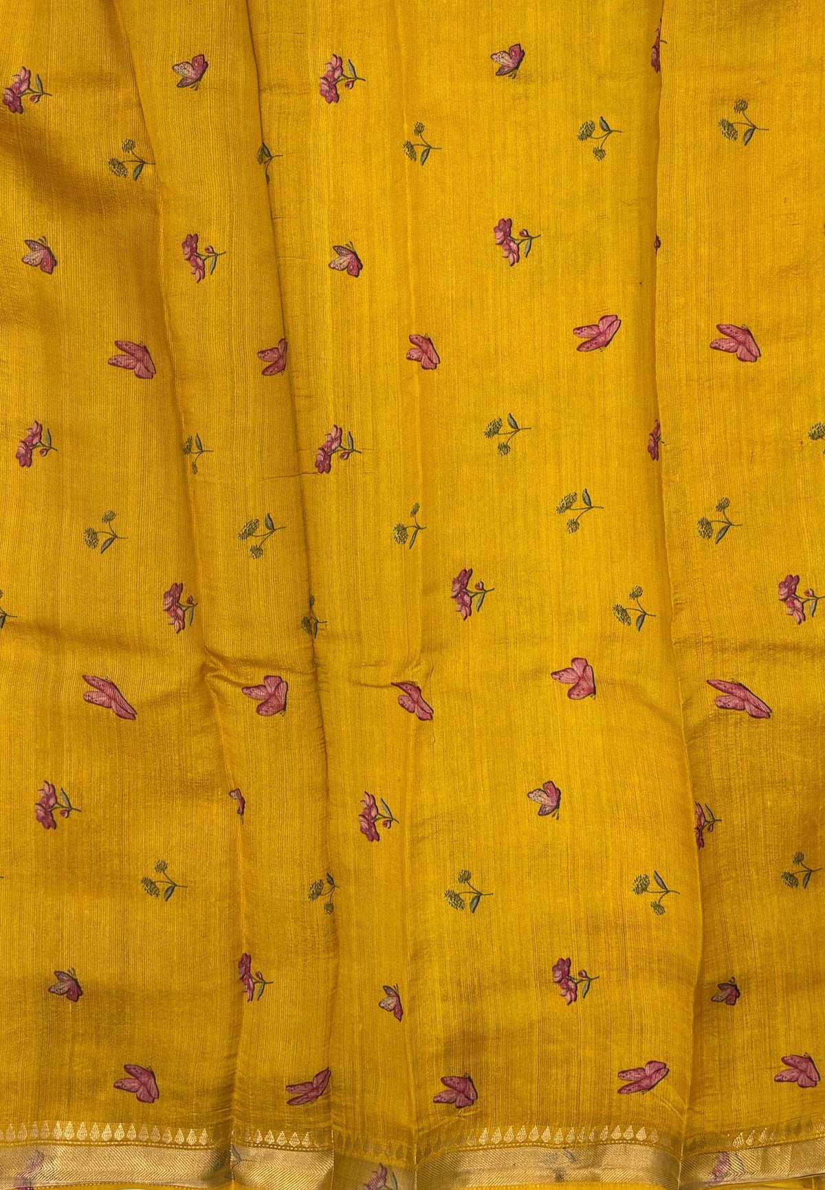 Pure Organza Tussar Saree-Mustard In Multi-Stripe Zari Border