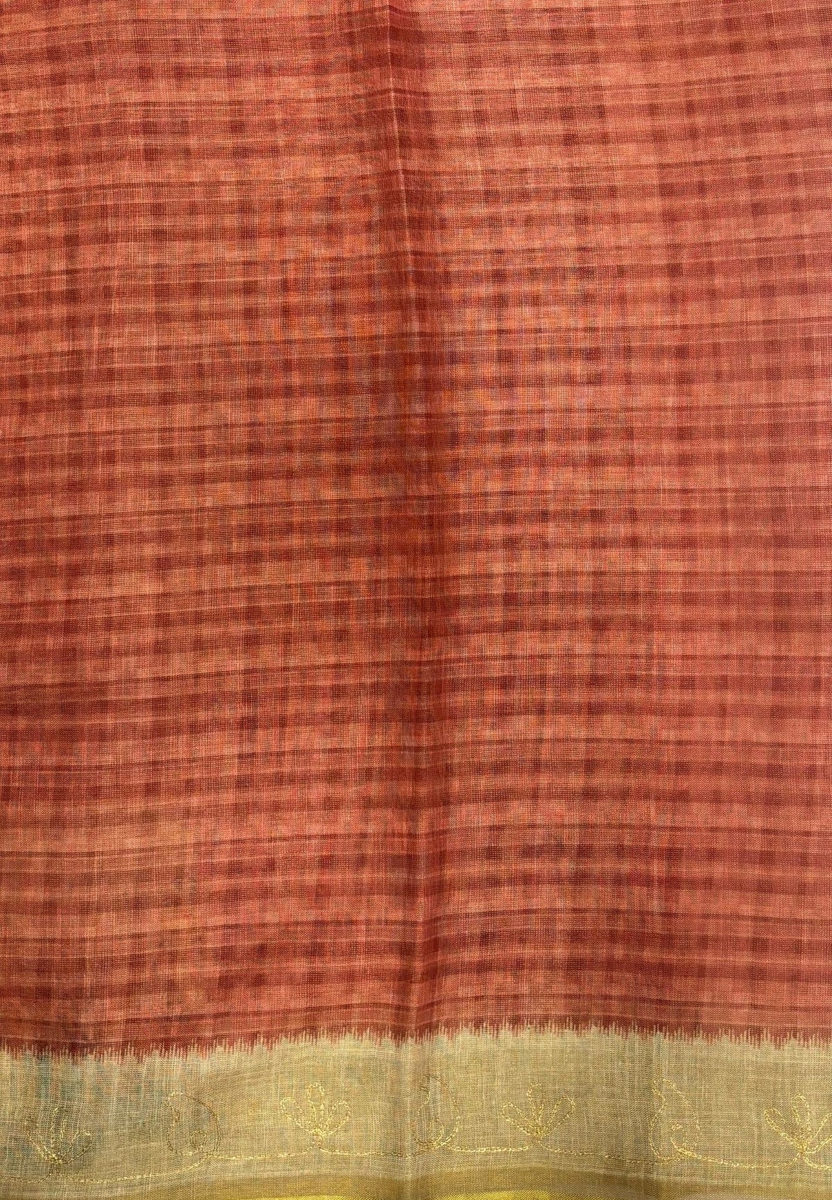 Tissue Linen Saree-Rosewod Pink in Traditional Folk Art Printed Border