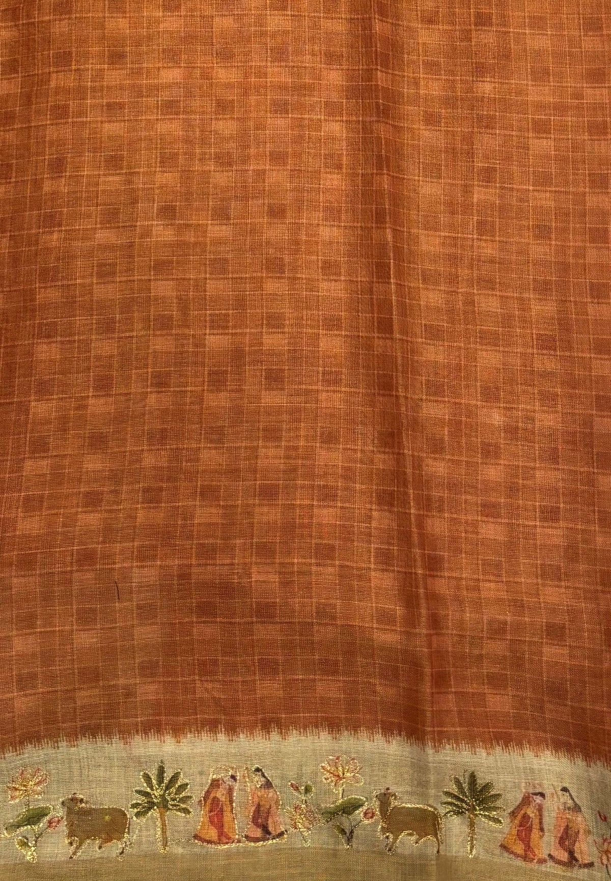 Tissue Linen Saree-Honey in Traditional Tribal Art Printed Border