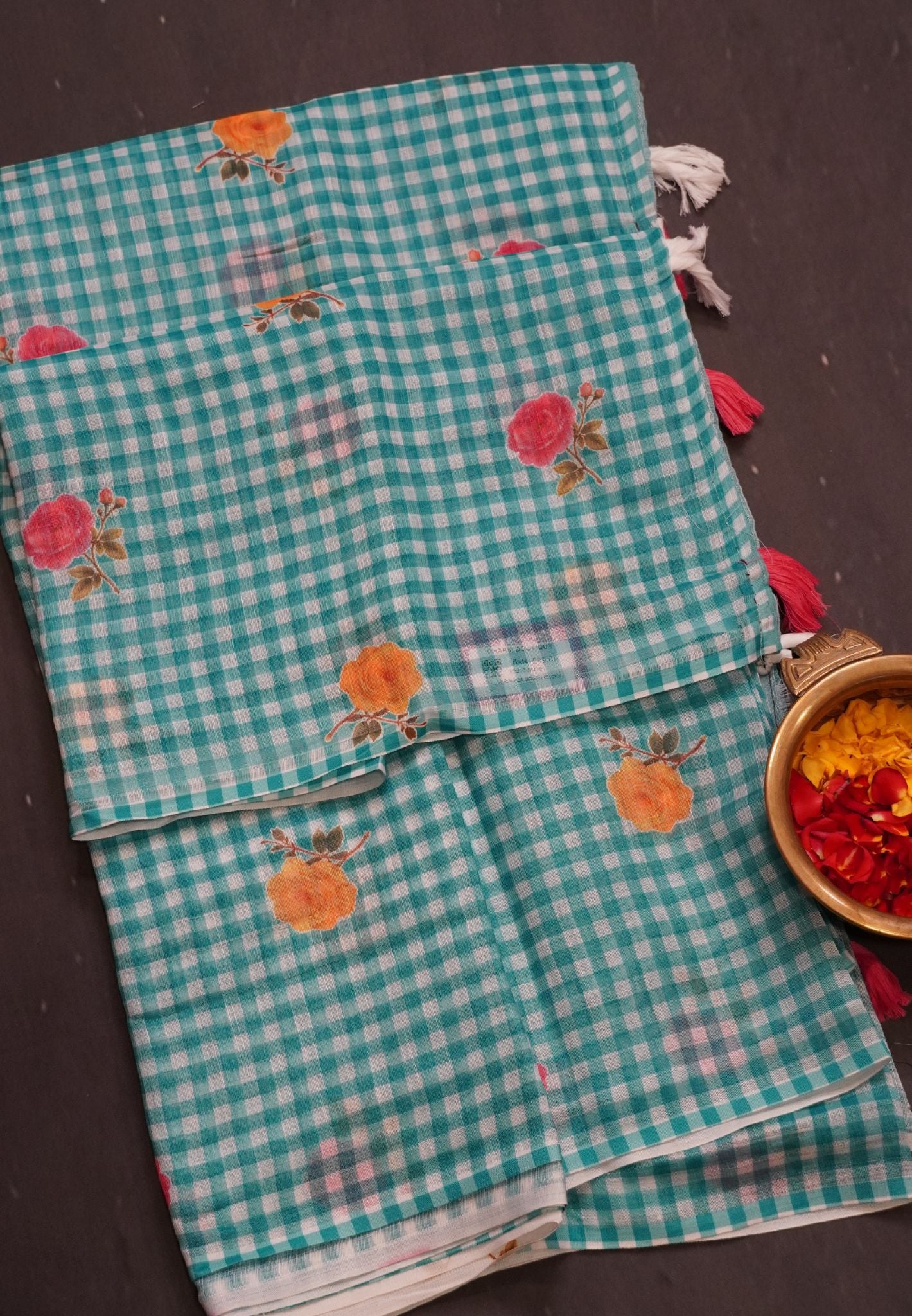 Linen Saree - Checks Sea Green