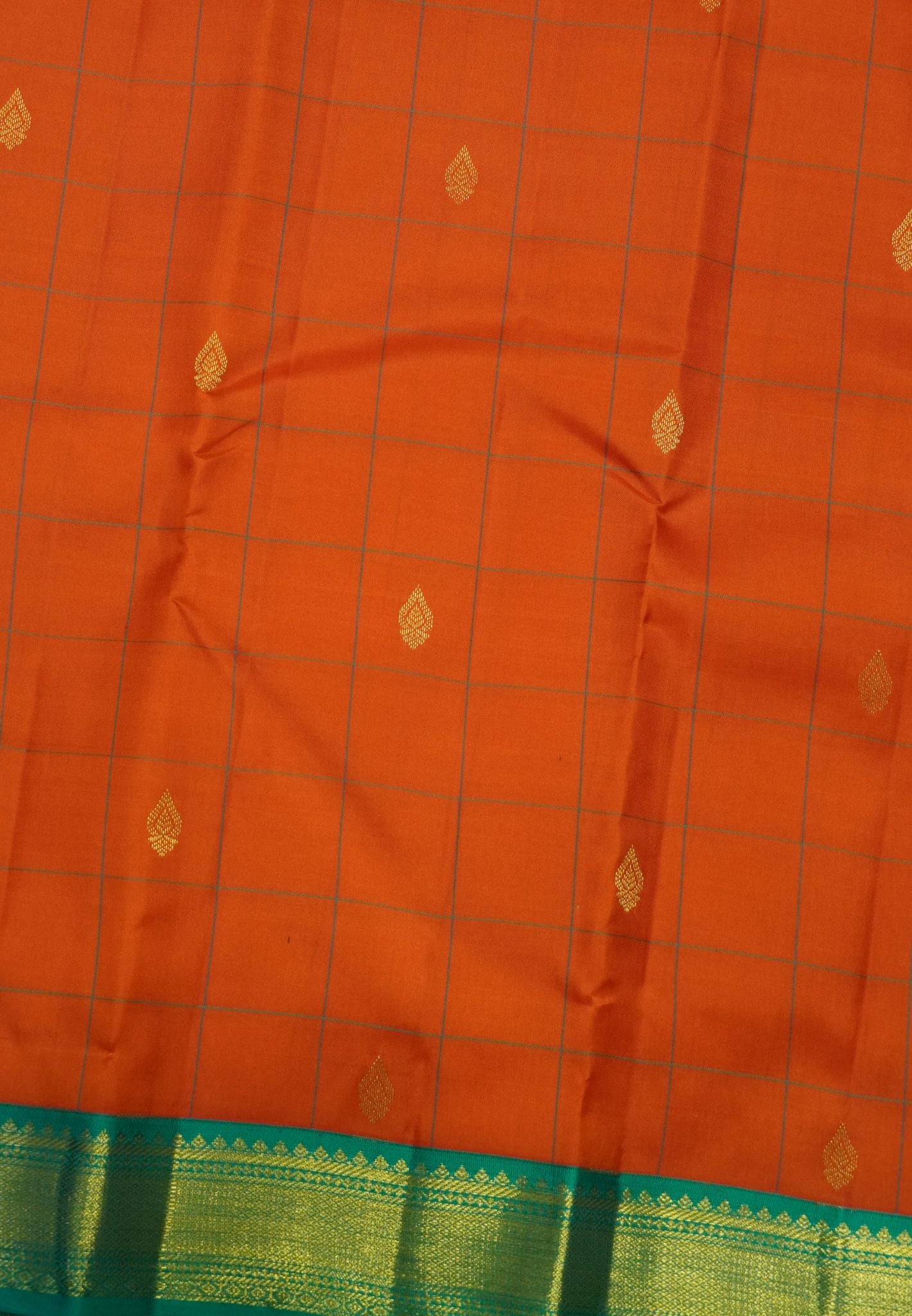Pure Korvai Kanchipuram Silk Saree – Orange & Teal Green with Manga Butta and Body Checks