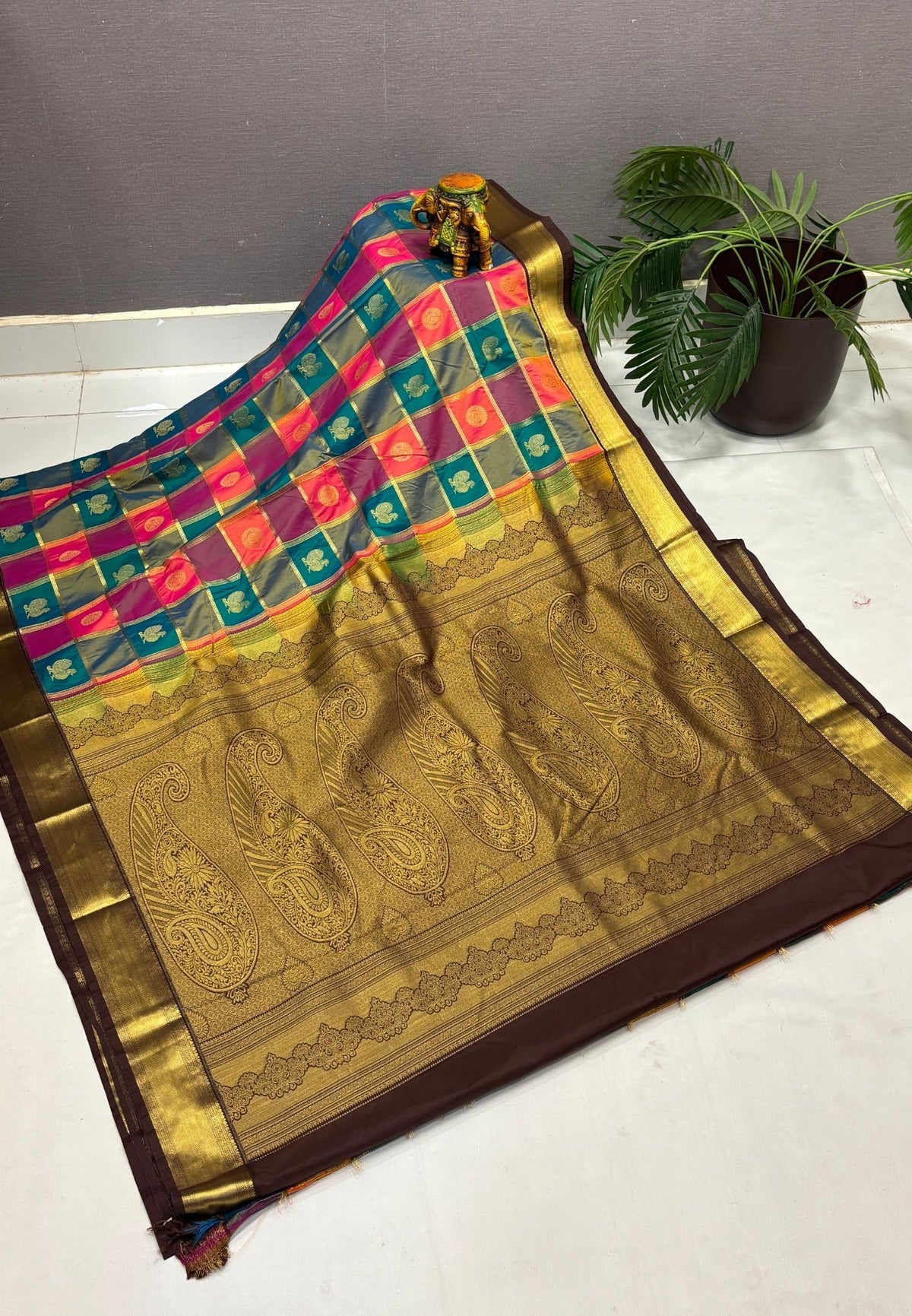 Budget Kanchipuram Saree-Peacock Green with Contrast Border