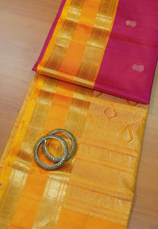 Pure Silk Saree - Rani Pink - Yellow