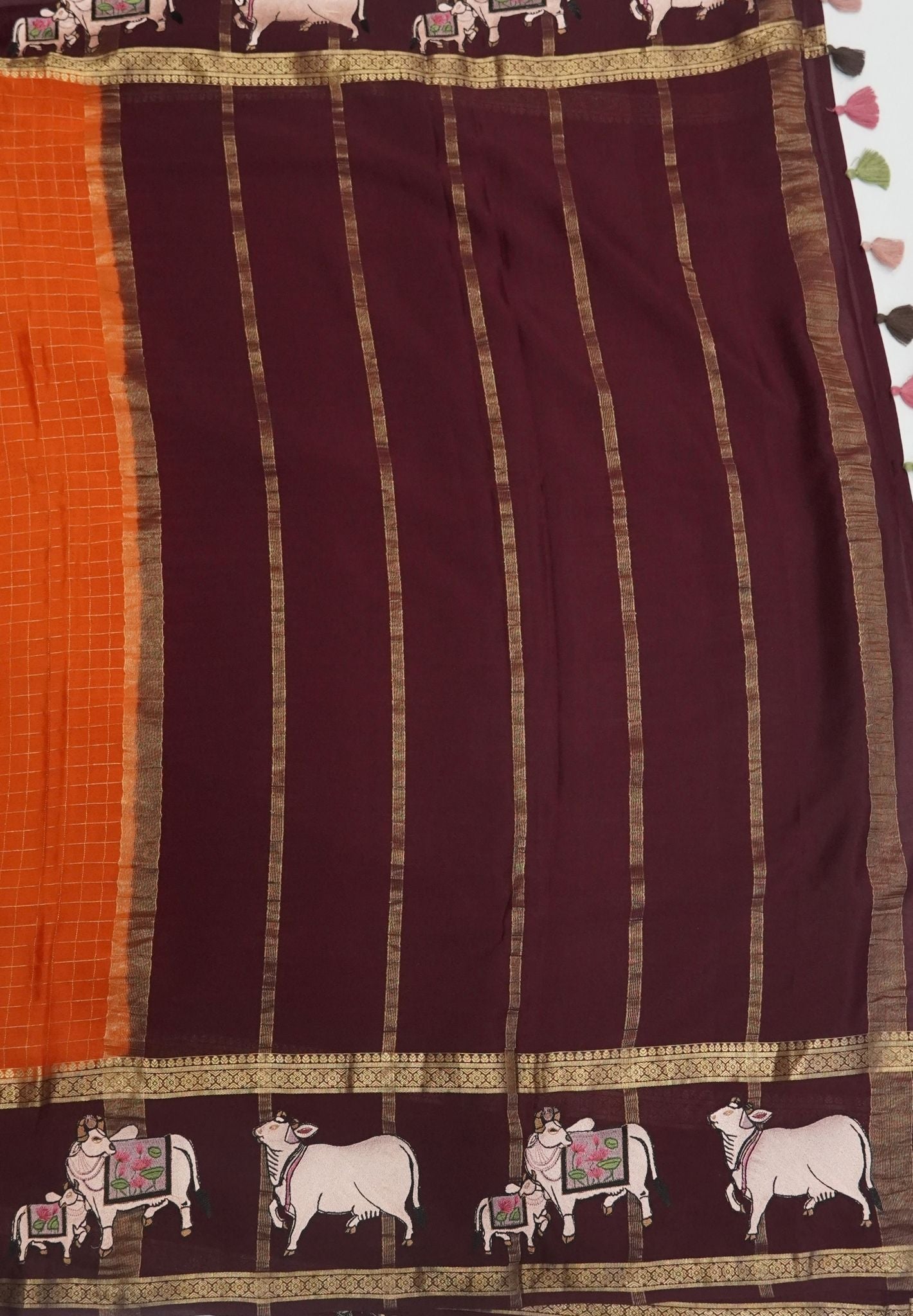 Pure Mysore Silk Saree-Rust Orange In Pichwai Embroidery With Contrast Border