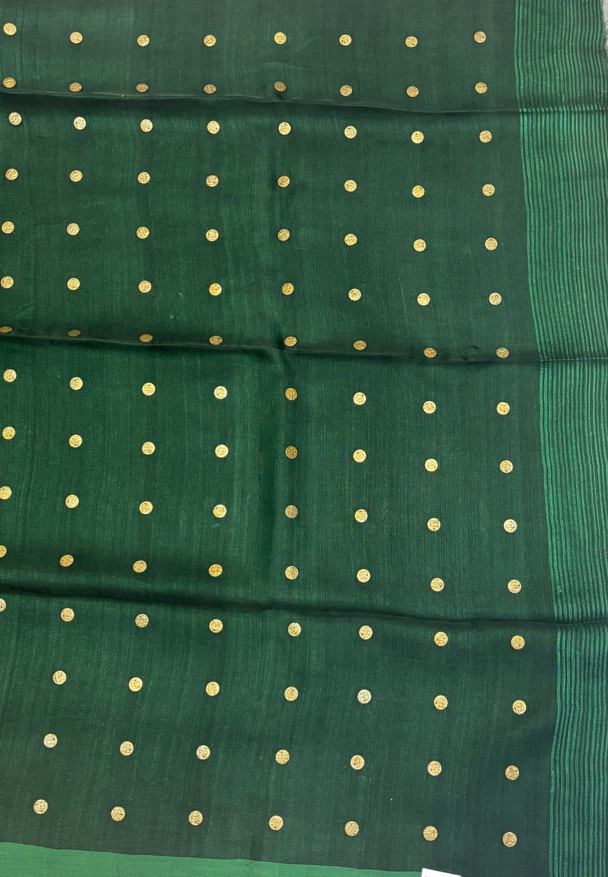Pure Moonga Cotton Saree-Bottle Green in Coin Butta with Striped Border