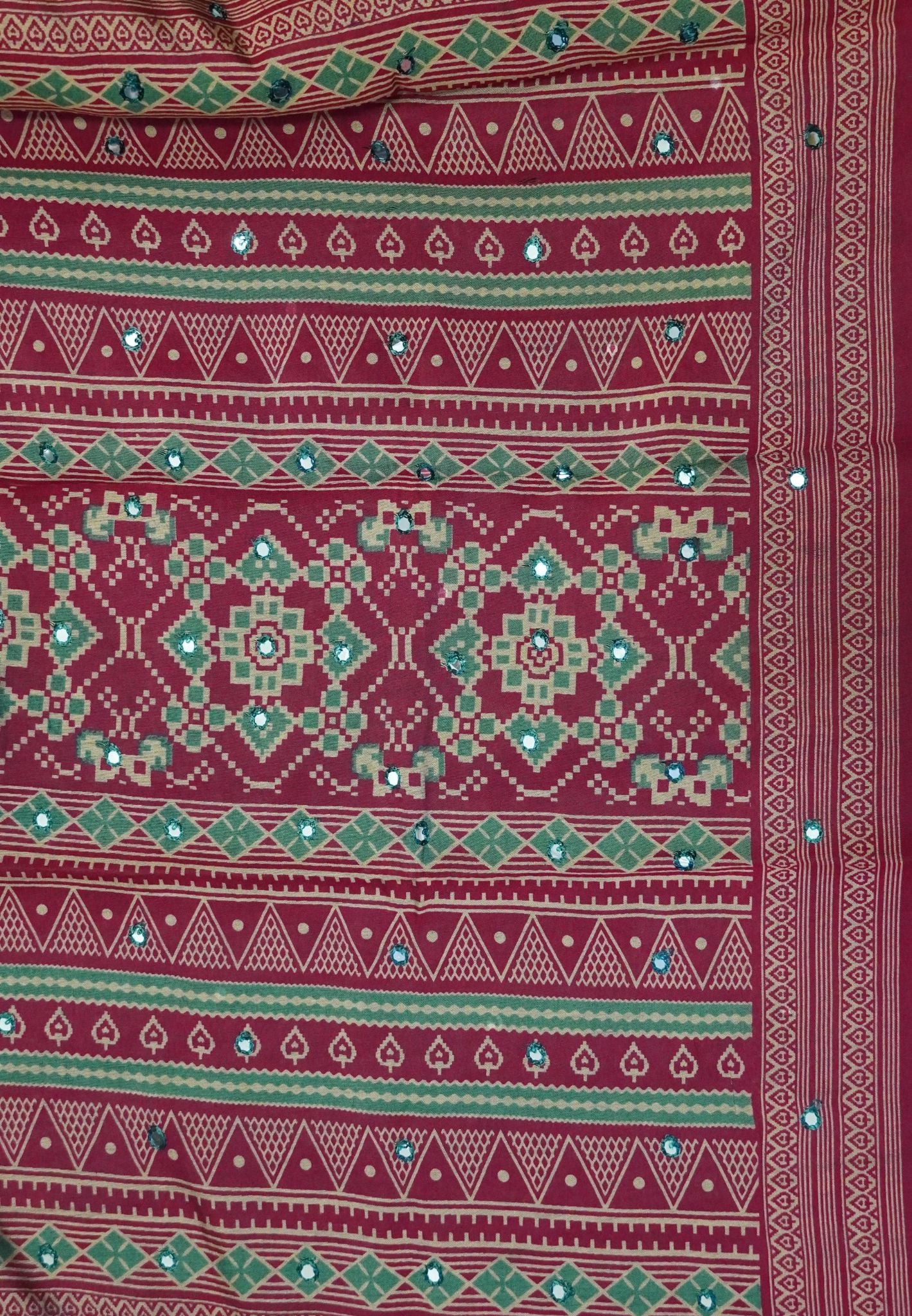 Malai Cotton Mirror Work Saree-Green