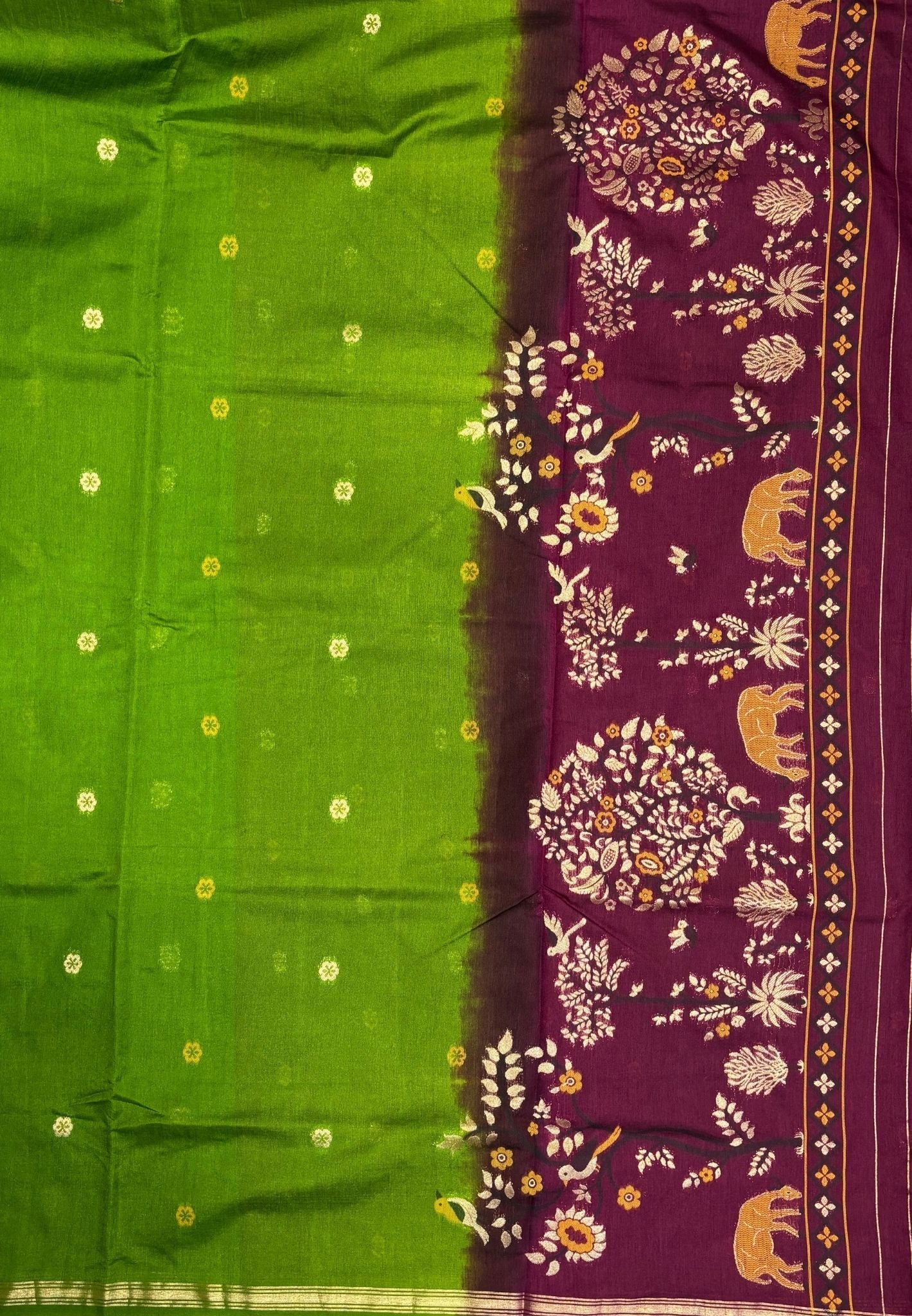 Gaji Silk Saree-Light Green In Warli Tree & Elephant With Contrast Border