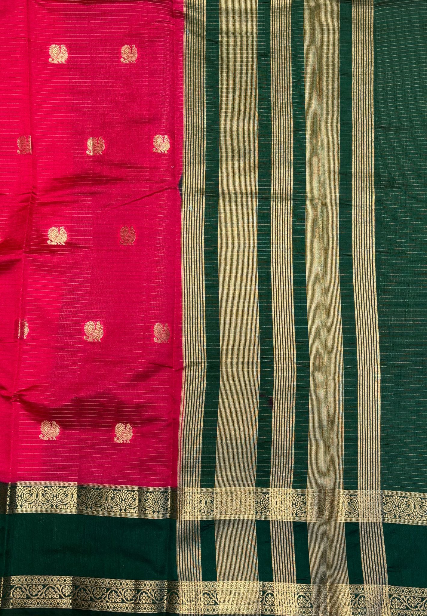 Semi Tussar Saree-Rani Pink in Traditional Floral Zari Stripe with Contrast Border