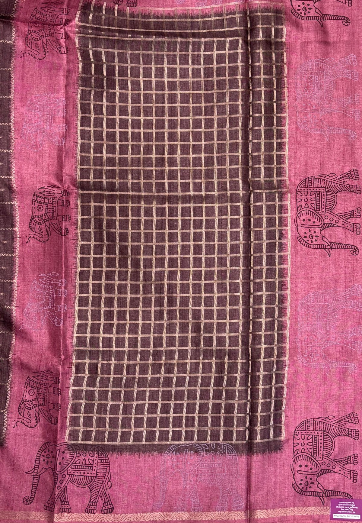 Semi Tussar Saree-Brown in Traditional Elephant Motif Zari with Contrast Border