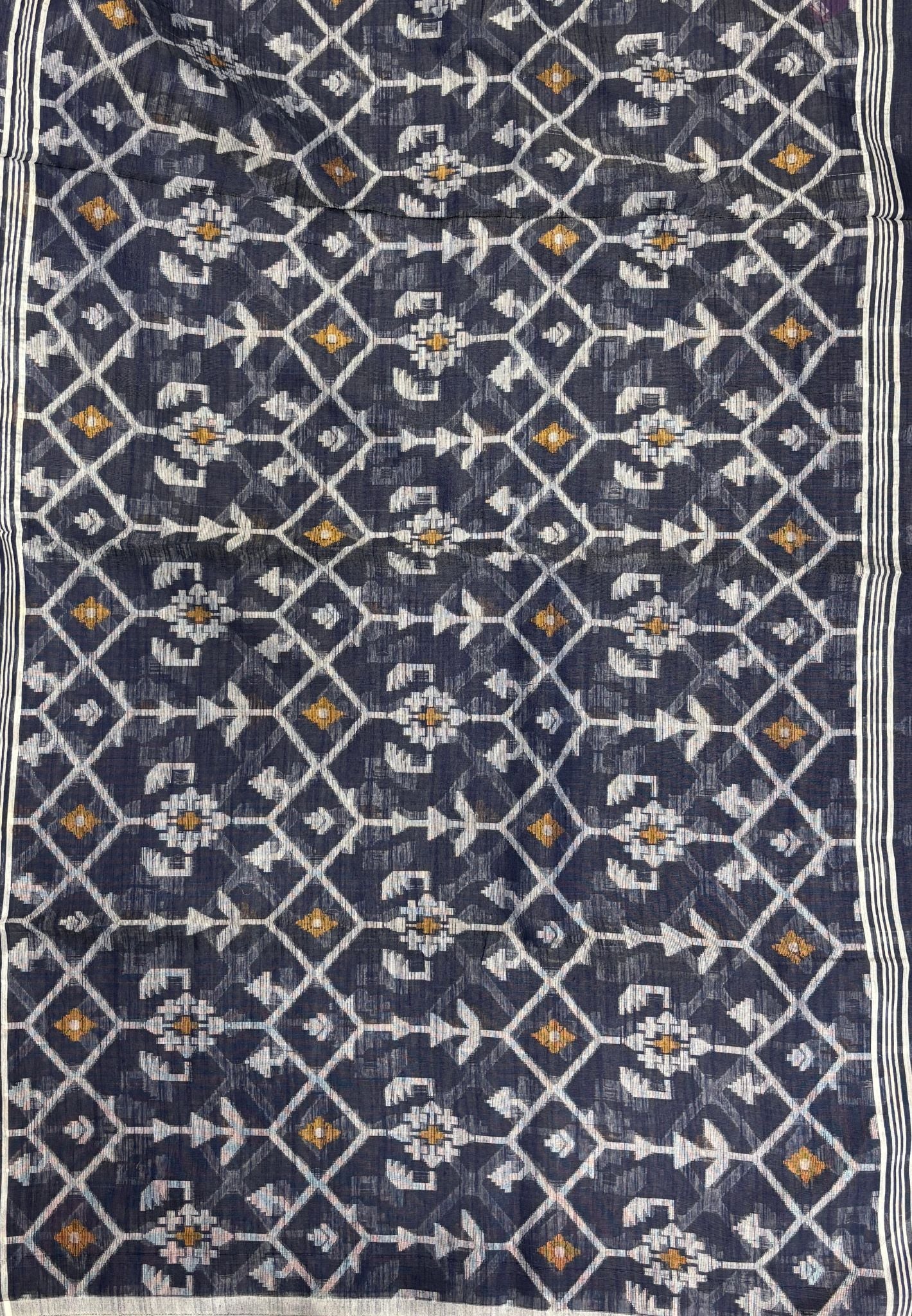 Handloom Cotton Saree-Space Blue in Diamond Pattern Border