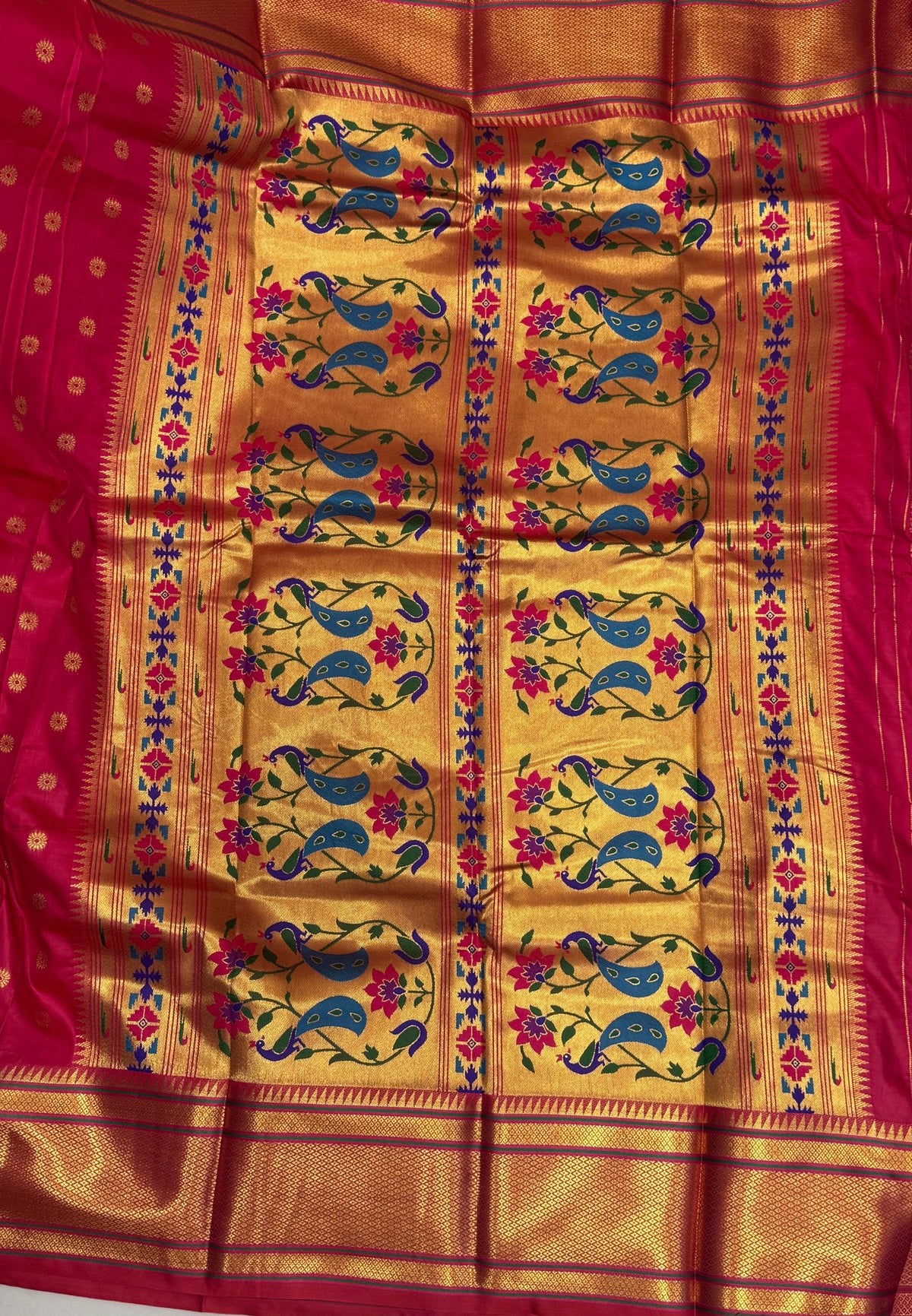 Traditional Peacock Floral Brocade Border - Rani Pink