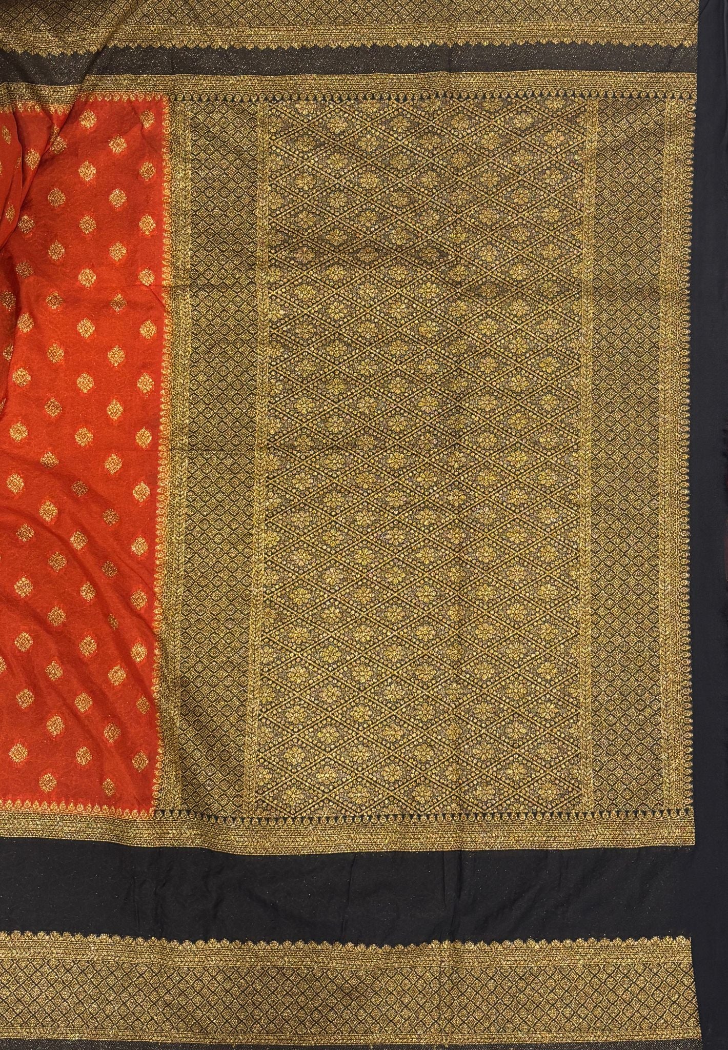 Banarasi Crepe Saree-Rust Orange in Mini Zari Butta with Retepet Border