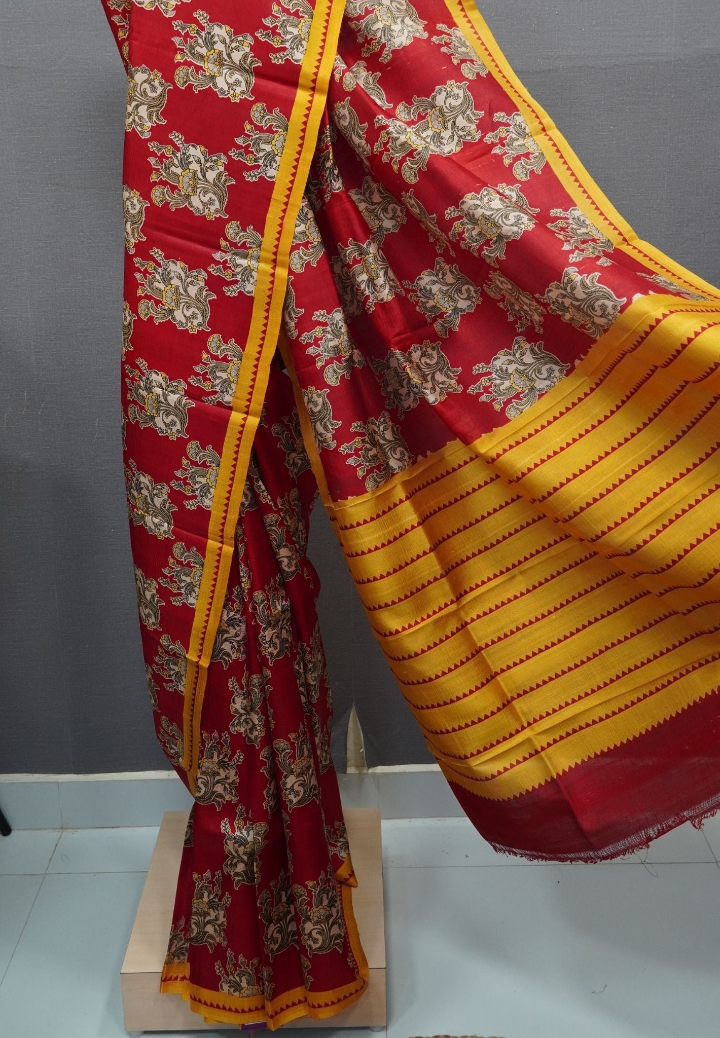 Pure Tussar Saree-Red with Contrast Border