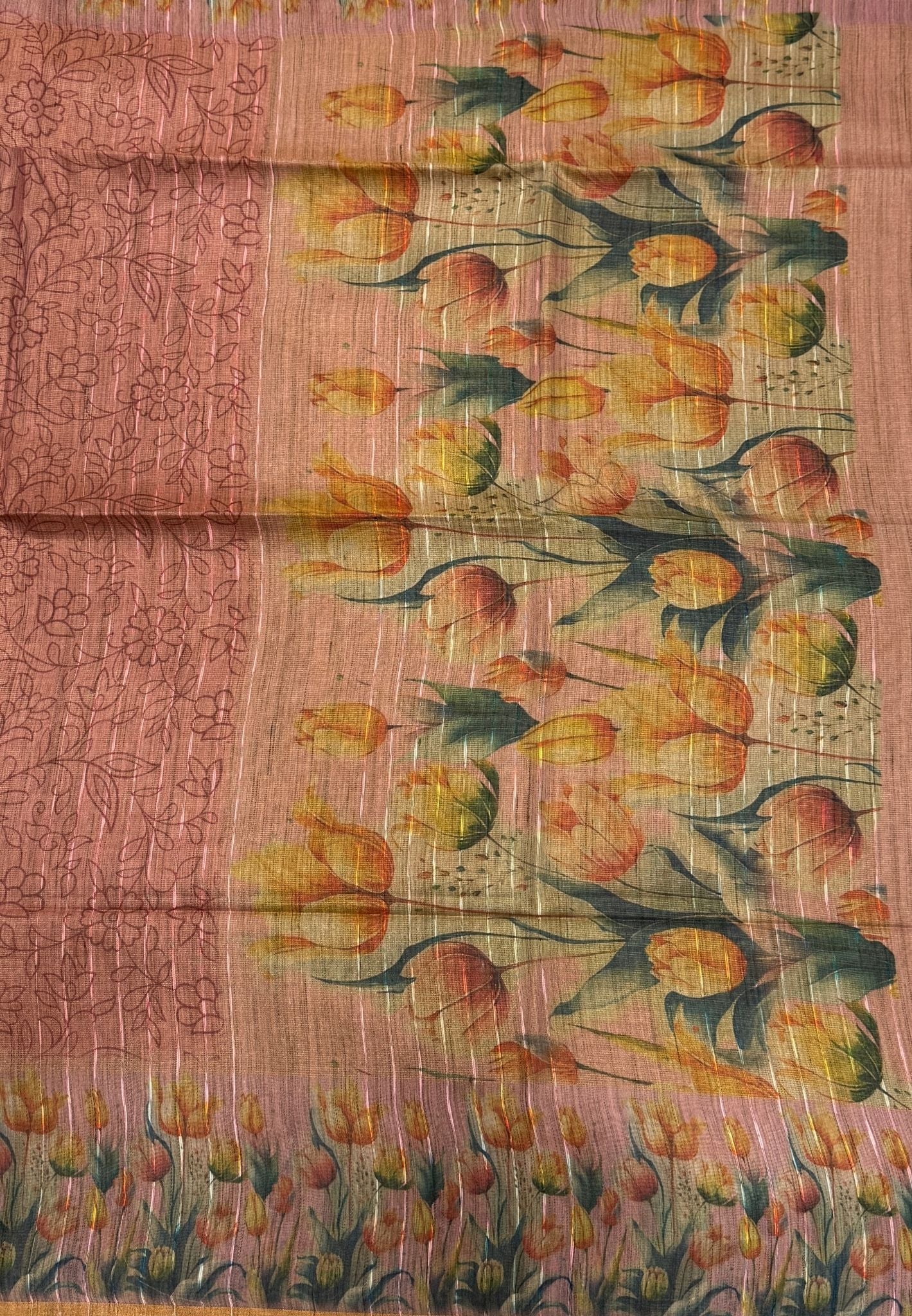 Tissue Saree-Pink In Floral Tulip Printed Border
