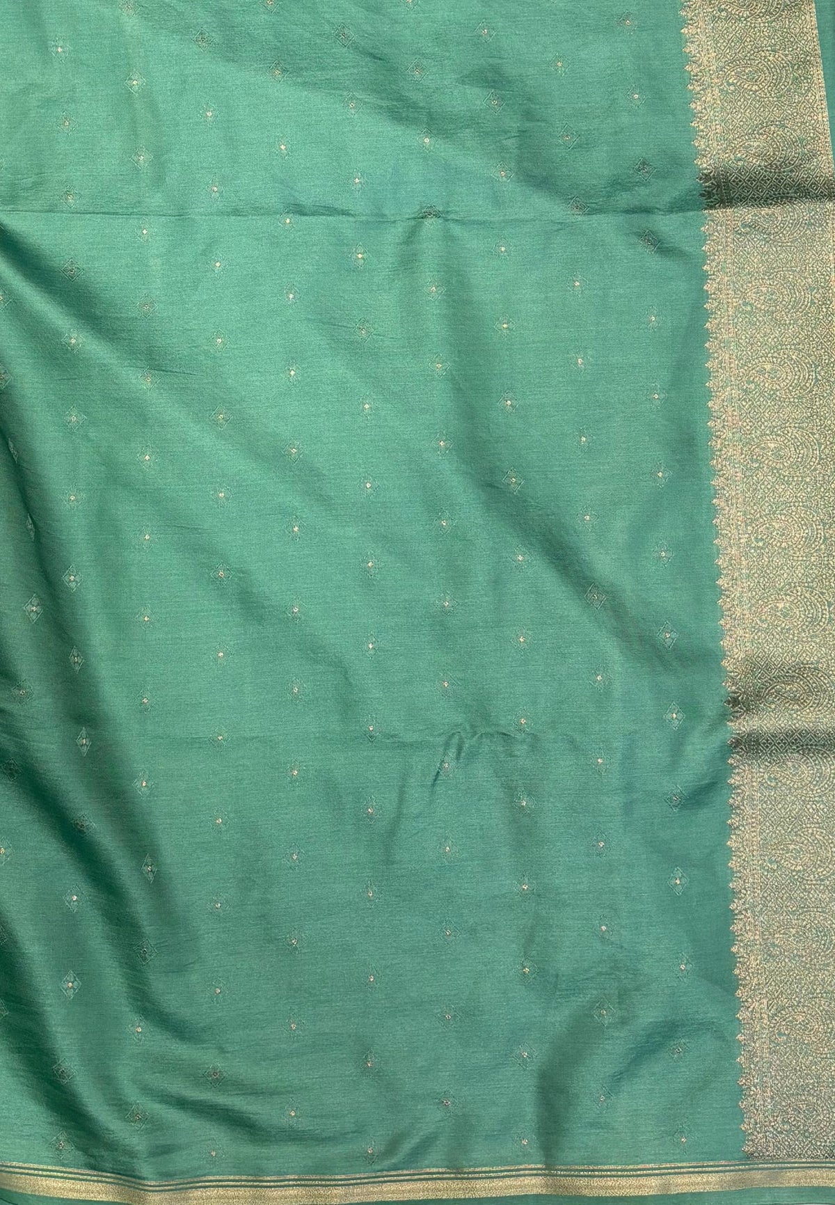 Gaji Silk Saree-Sea Foam in Paisley Jhumka Zari Border
