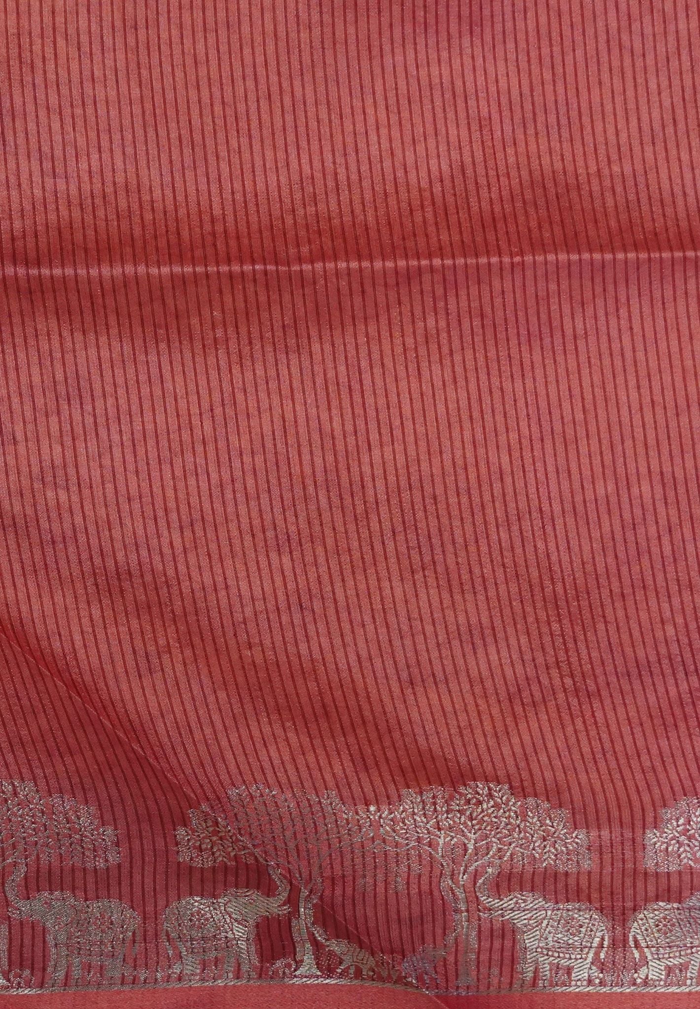 Raw Silk Saree-With Tree and Elephant-Red