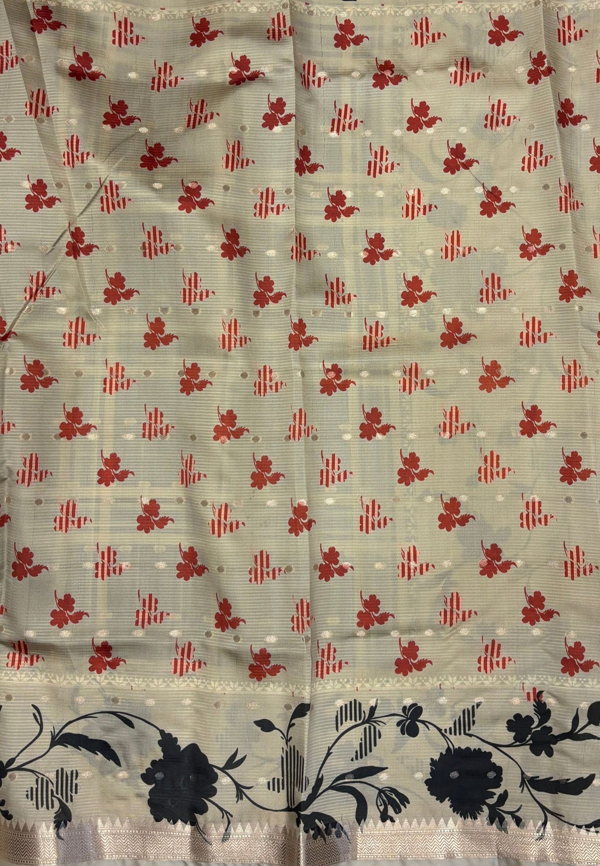 Soft Tussar Saree-Sage Green In Hibiscus Floral Border