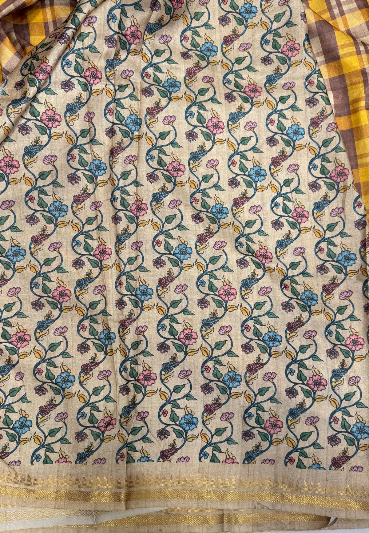 Semi Tussar Saree - Brown Madras Checks With Floral Designs