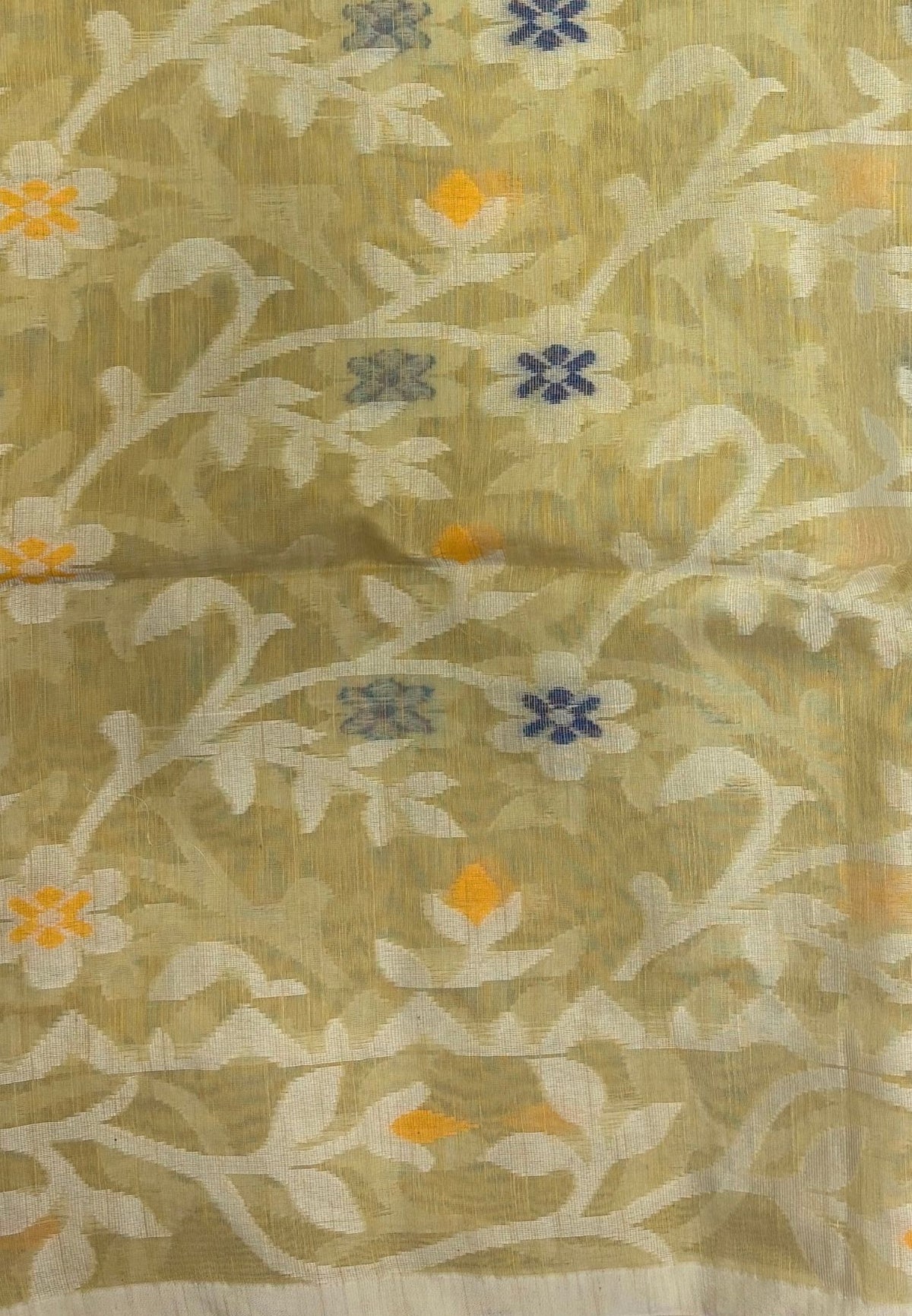 Dhakai Jamdhani Cotton Saree-Baby Yellow In Floral Vine Zari Border
