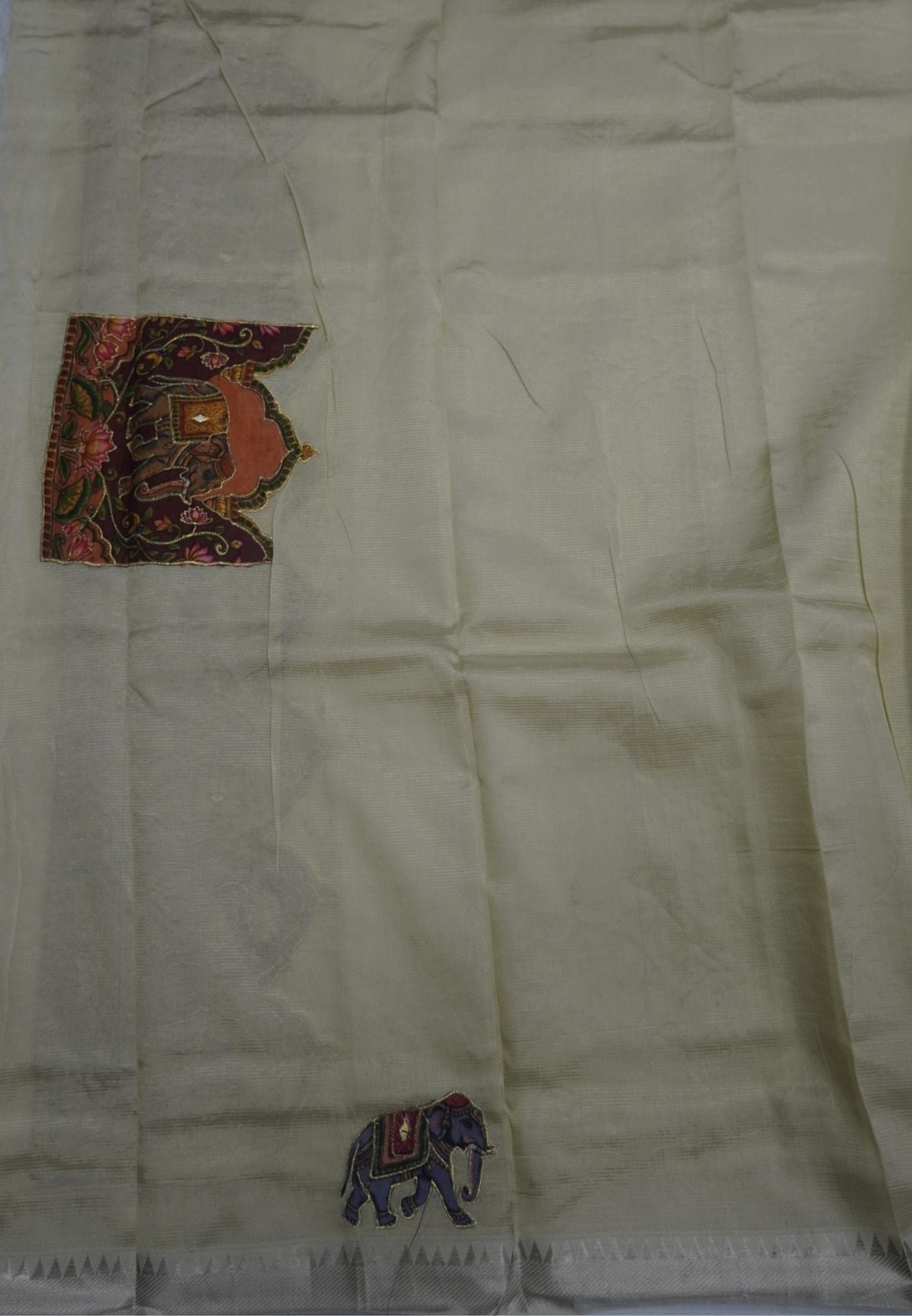 Pure Mangalgiri Silk Saree-Elachi Green in Tanjore Print with Aplique Work