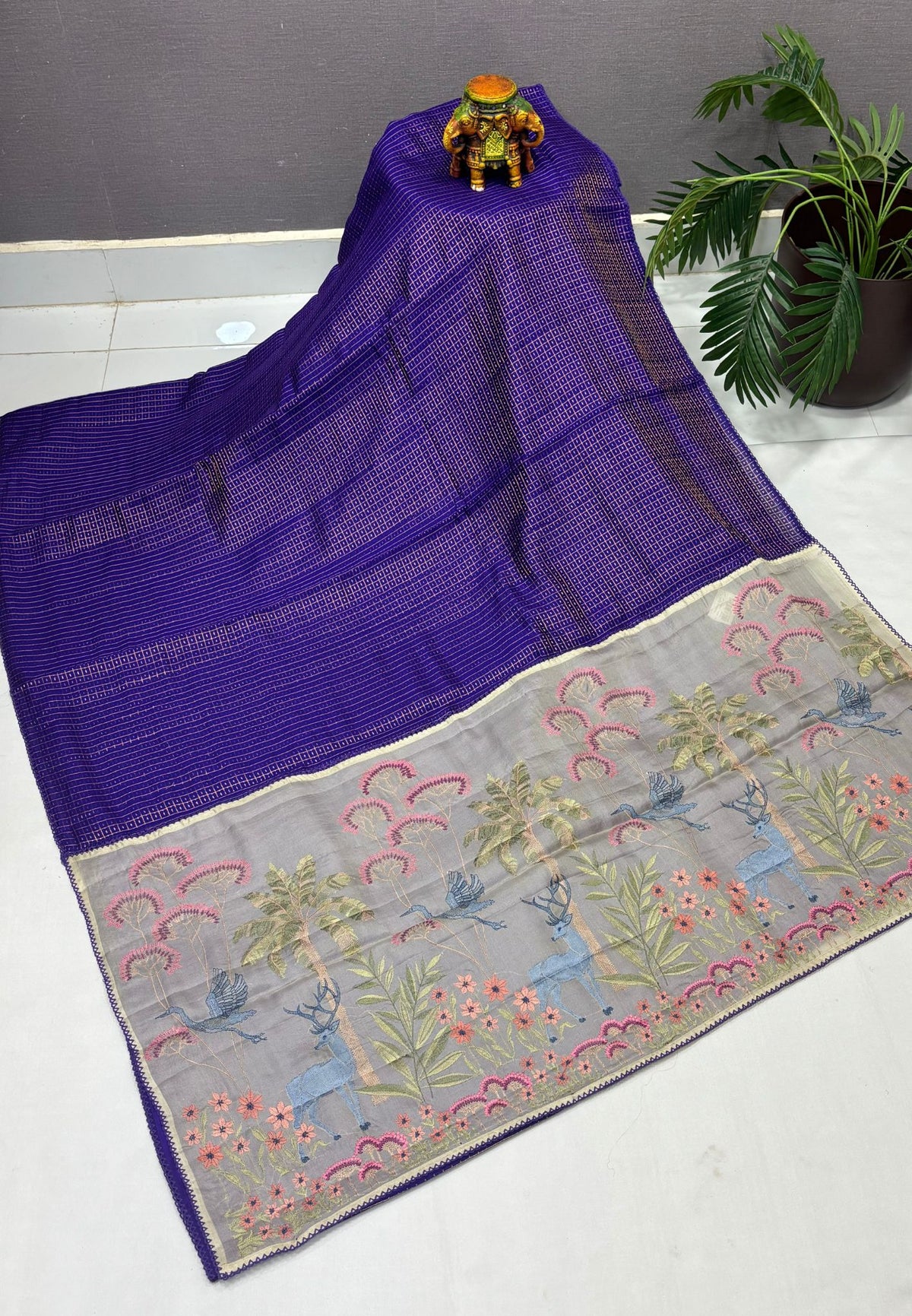 Soft Chiniya Silk Saree-Violet in Thousand Butta Deer & Floral Border