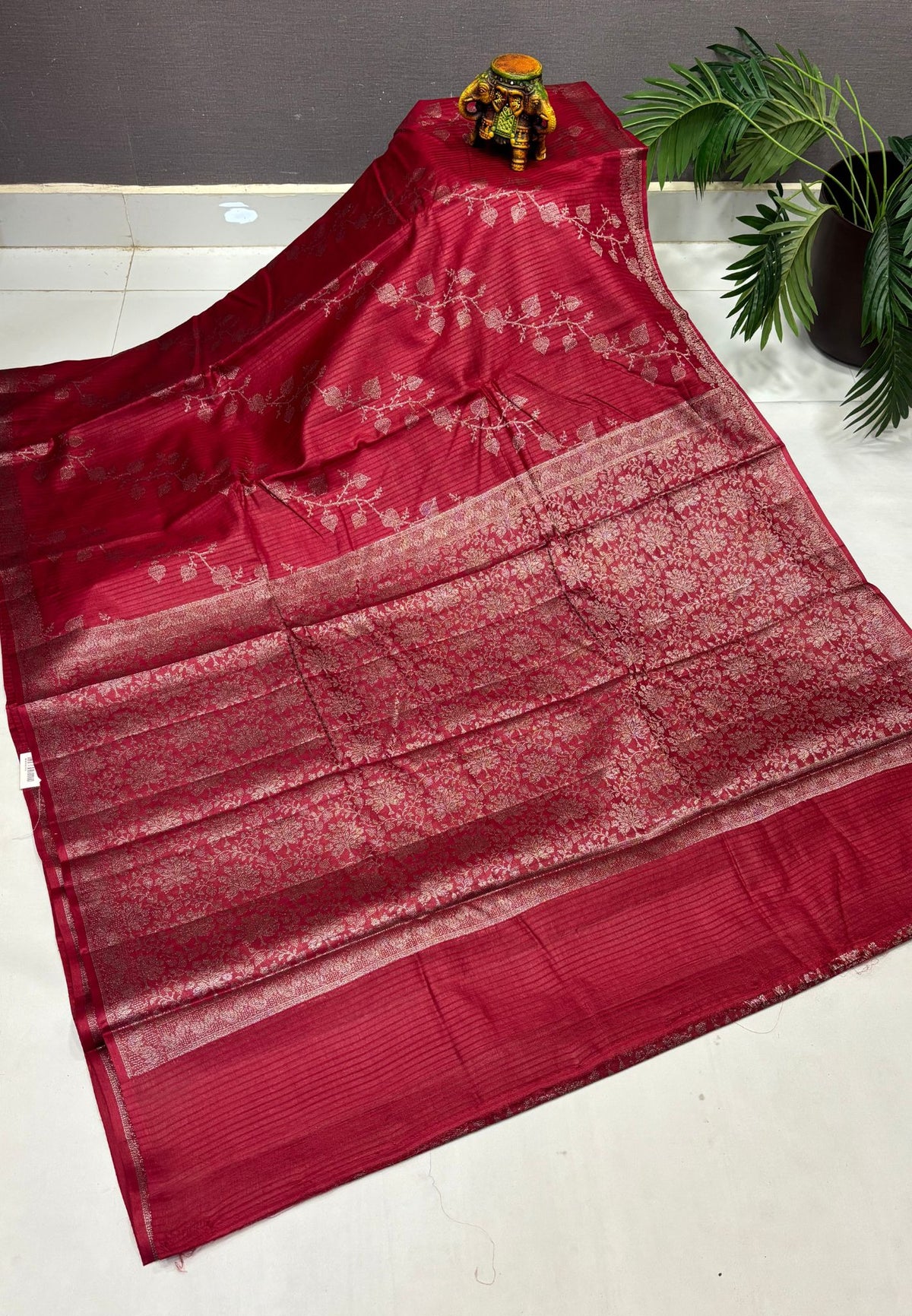 Pure Tussar Saree-Maroon in Floral Vine Brocade Border
