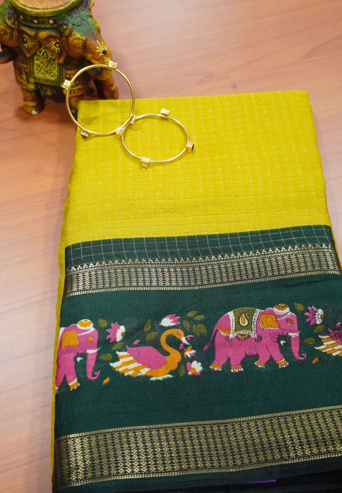 Chiffon Saree - Checks Lime Green - Green