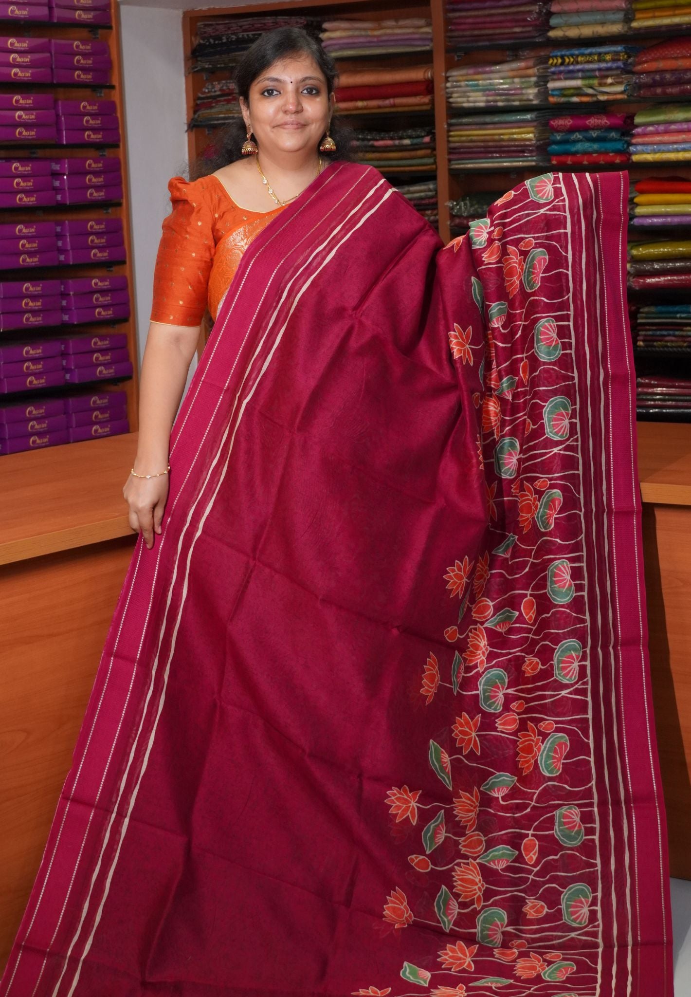 Pure Chanderi Saree-Magenta with Lotus Border